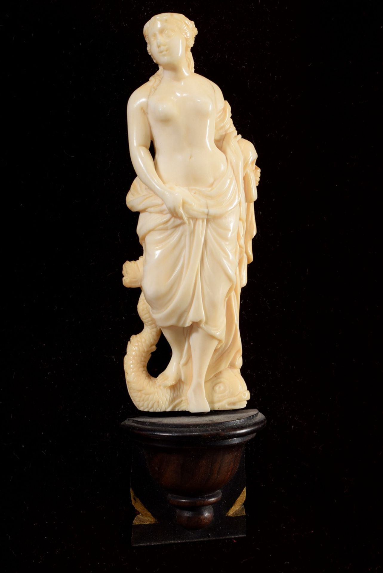 Small ivory carving "Amphitrite" mounted on a wooden console in framing with red velvet, 19th centu - Image 2 of 5