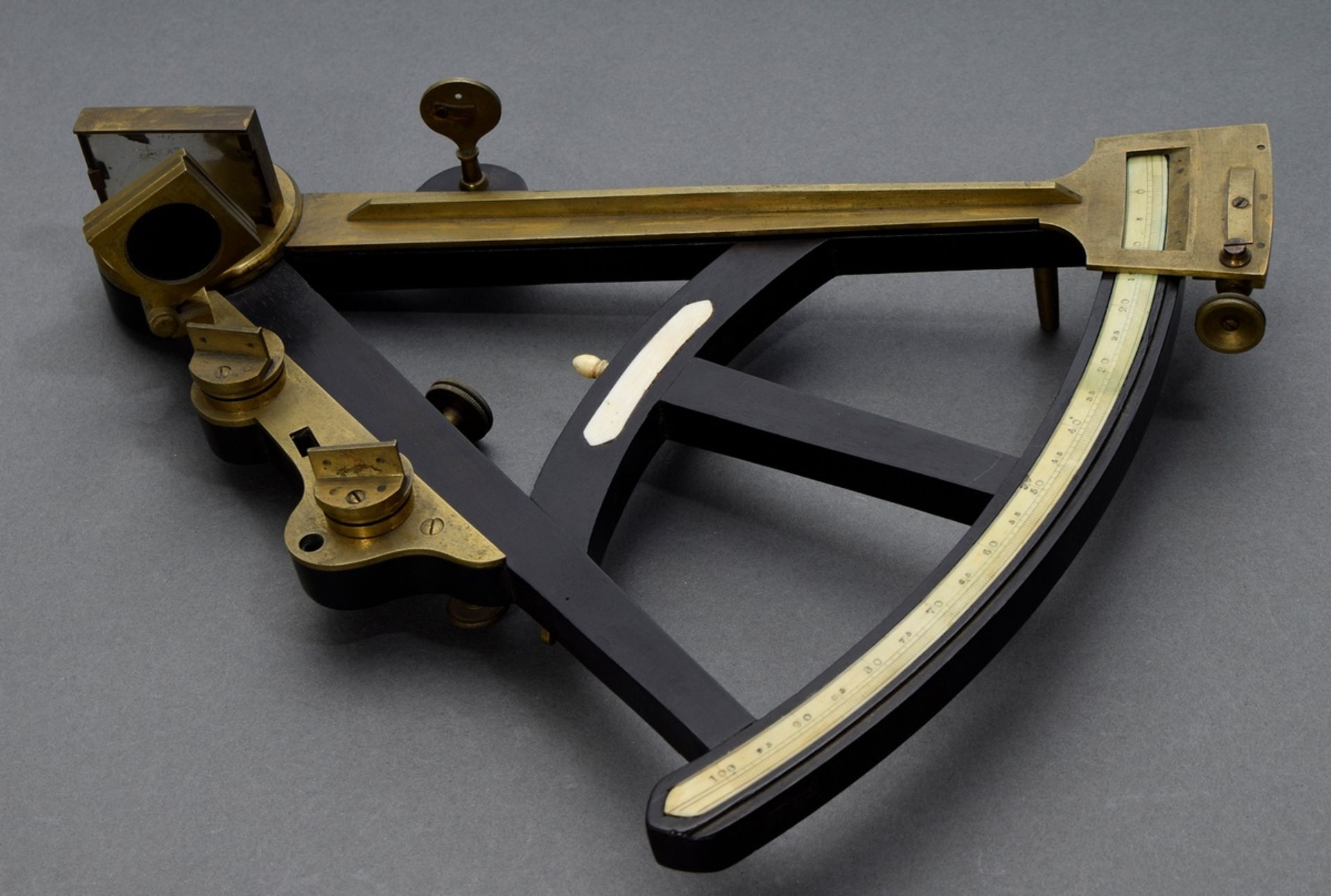 Ebony sextant with brass eyepieces and instruments, bone inlays, 19th century, h. 30cm, traces of a - Image 2 of 4