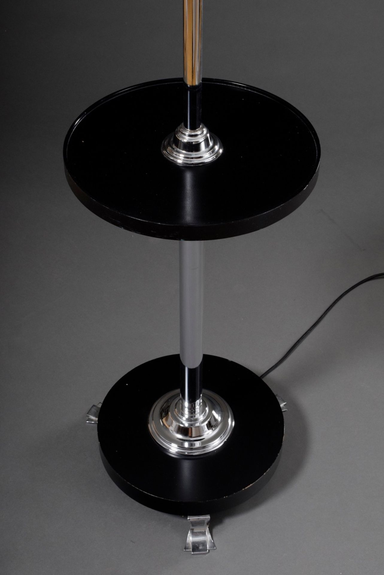 Floor lamp in Art Deco style on three feet with shelf and white frosted glass dome, black metal and - Image 2 of 4