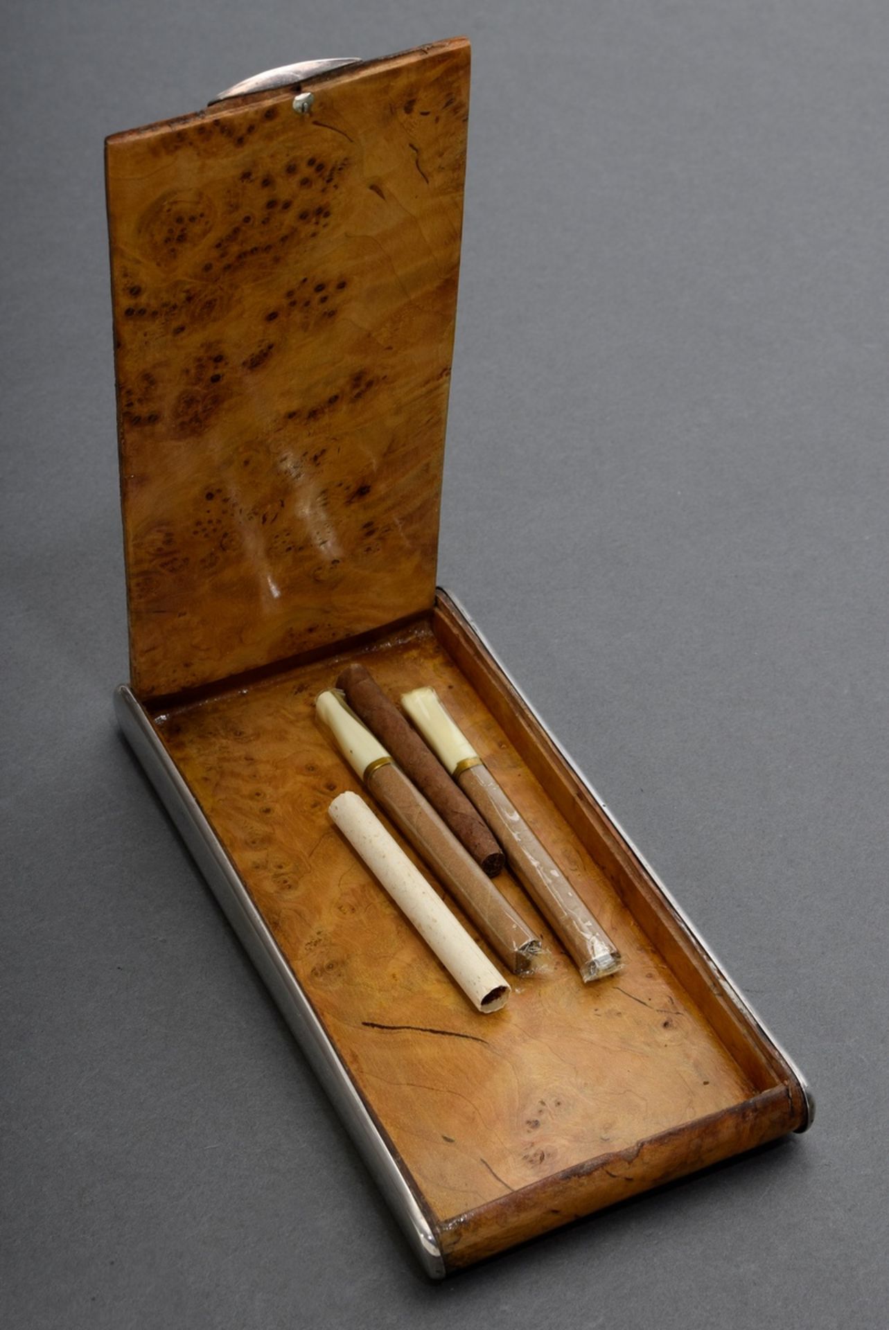 Square Tuja wood cigarillo case with silver 925 mounting, Garagnon & Cie/Pforzheim, around 1920, 1, - Image 3 of 4