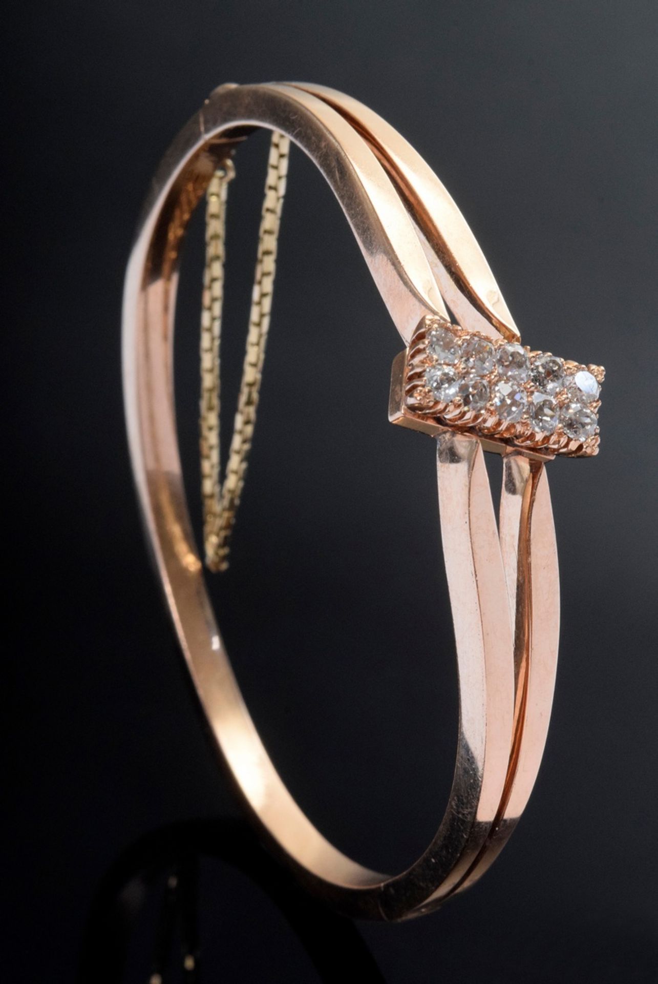 Antique rose gold 585 bangle with split rail and applied old-cut diamonds (together approx. 0.75ct/ - Image 3 of 3