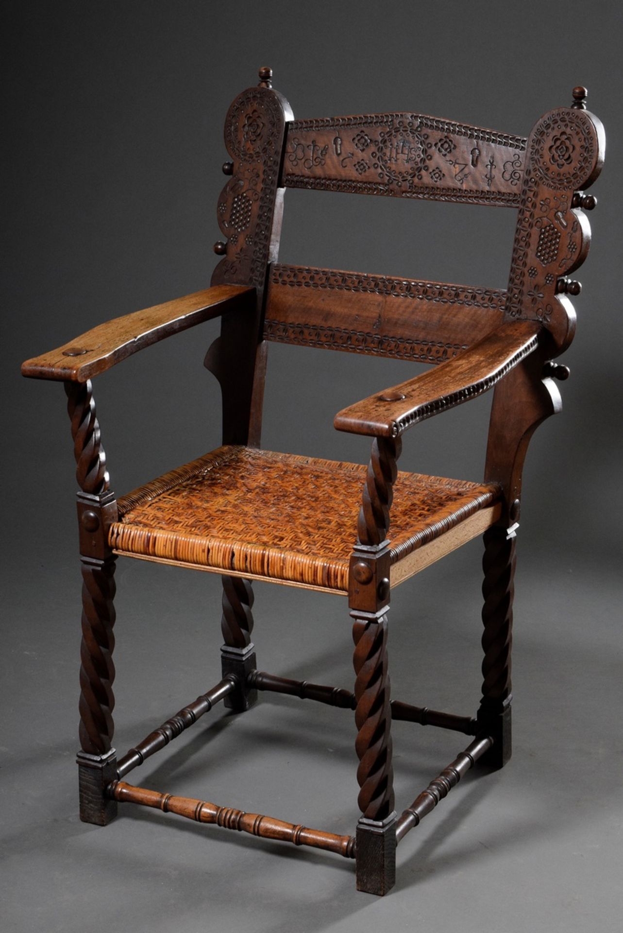 Pair of museum armchairs with finely carved decorations in the backrest, spirally twisted legs and  - Image 8 of 14