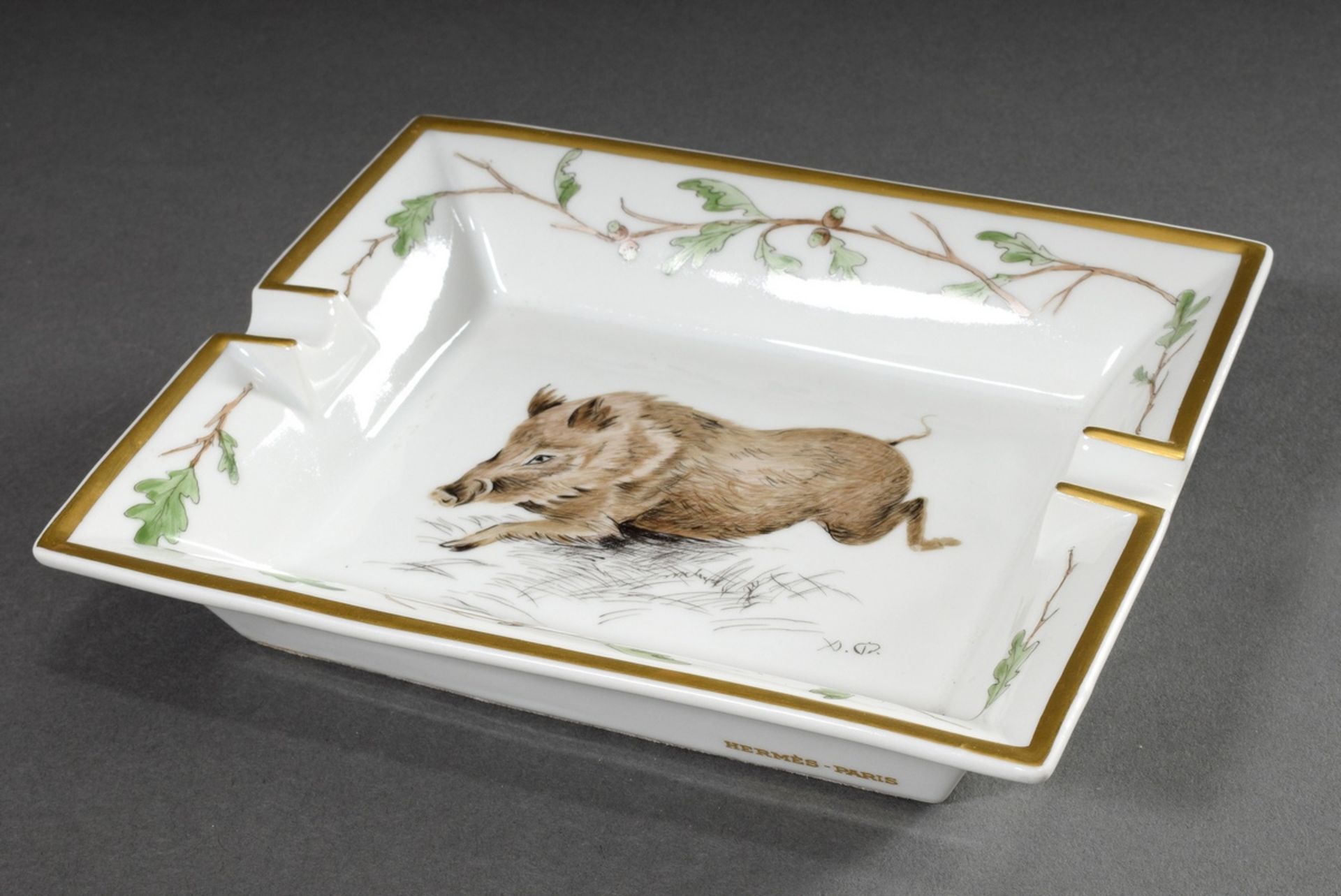 Hermès porcelain ashtray "Wild Boar with Oak Leaves", coloured print decoration, partly hand colour - Image 2 of 6
