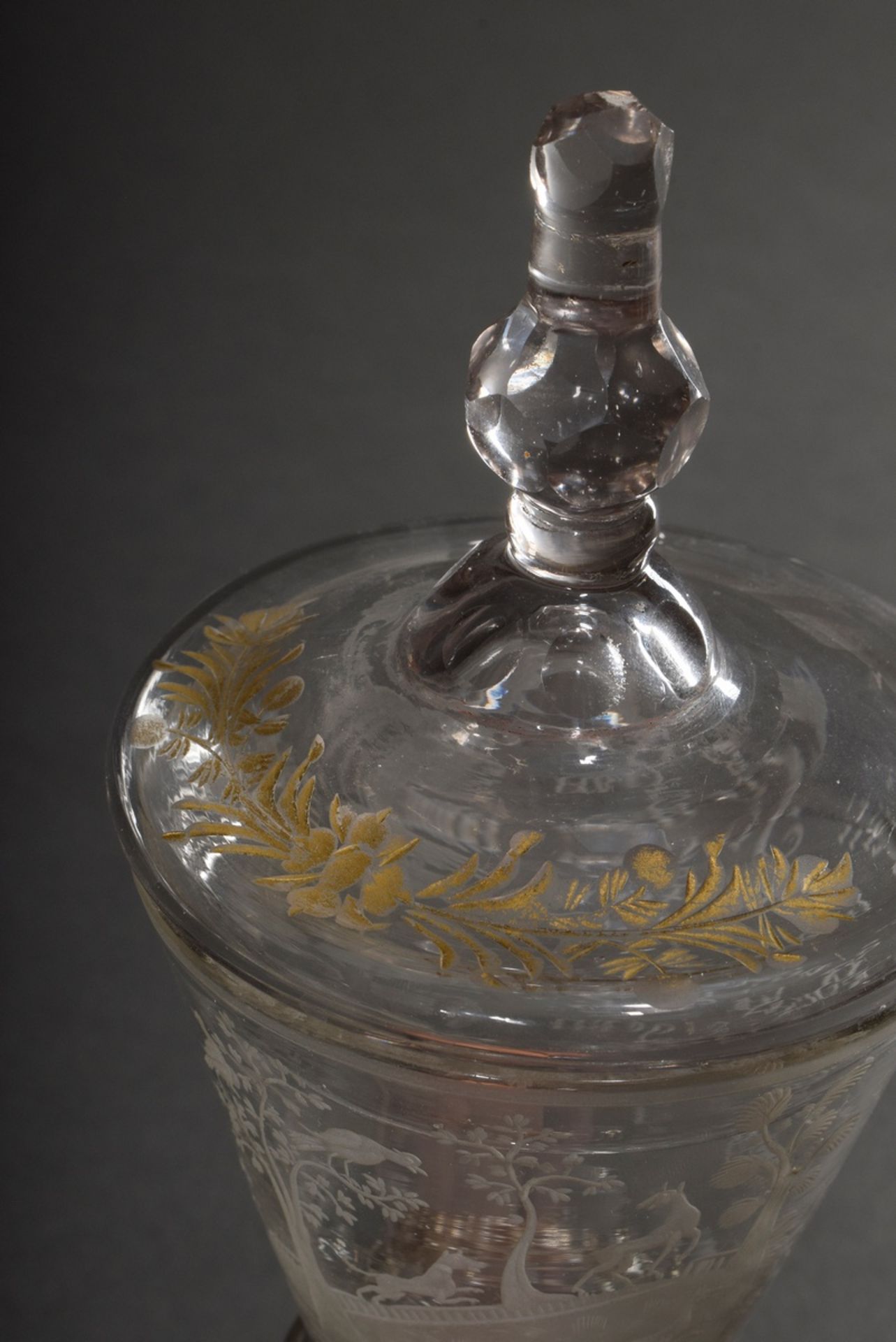 Baroque lidded goblet on a round foot with faceted baluster stem, pierced air bubble and engraved m - Image 5 of 10