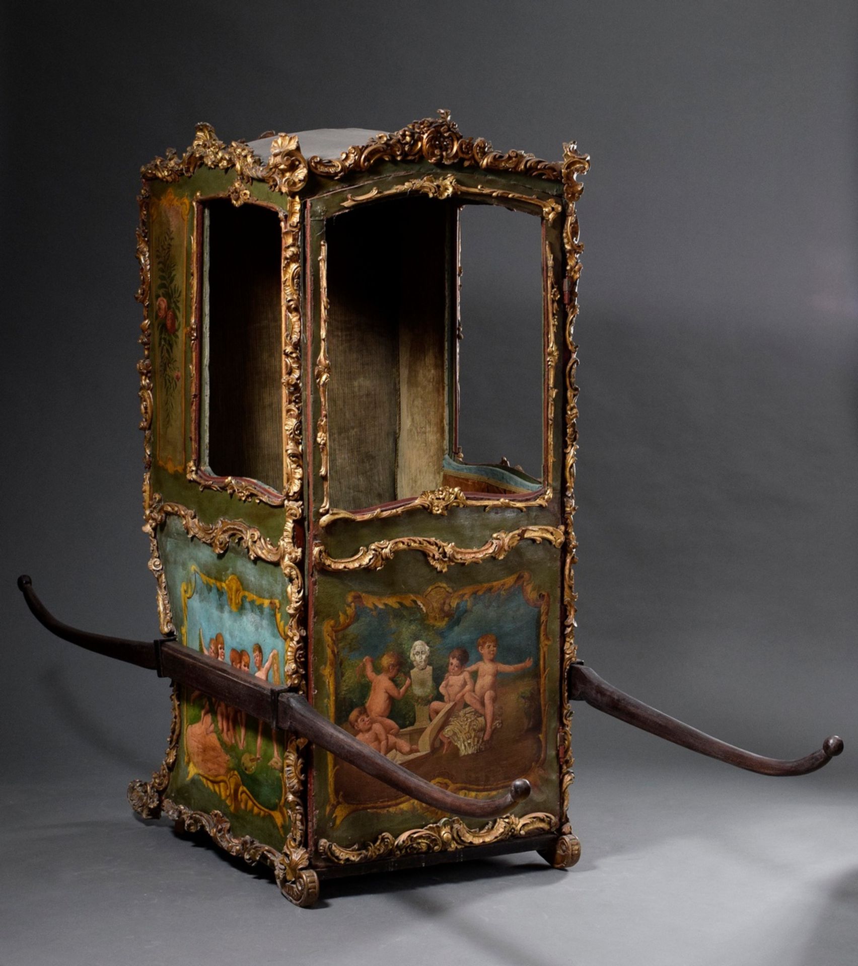 Rococo-style sedan chair with painted canvas covering "Putten-Allegorien" and carved rocaille mould - Image 2 of 15