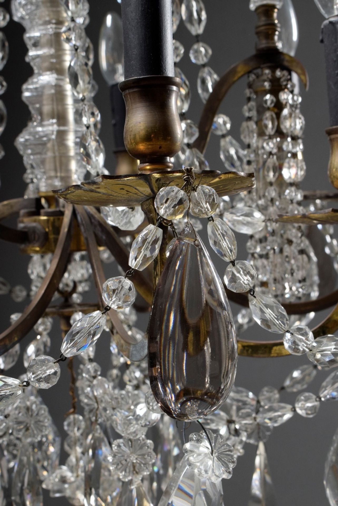 Fire-gilt bronze chandelier with elaborate prismatic hangings and cut balusters on a triangular bas - Image 6 of 9