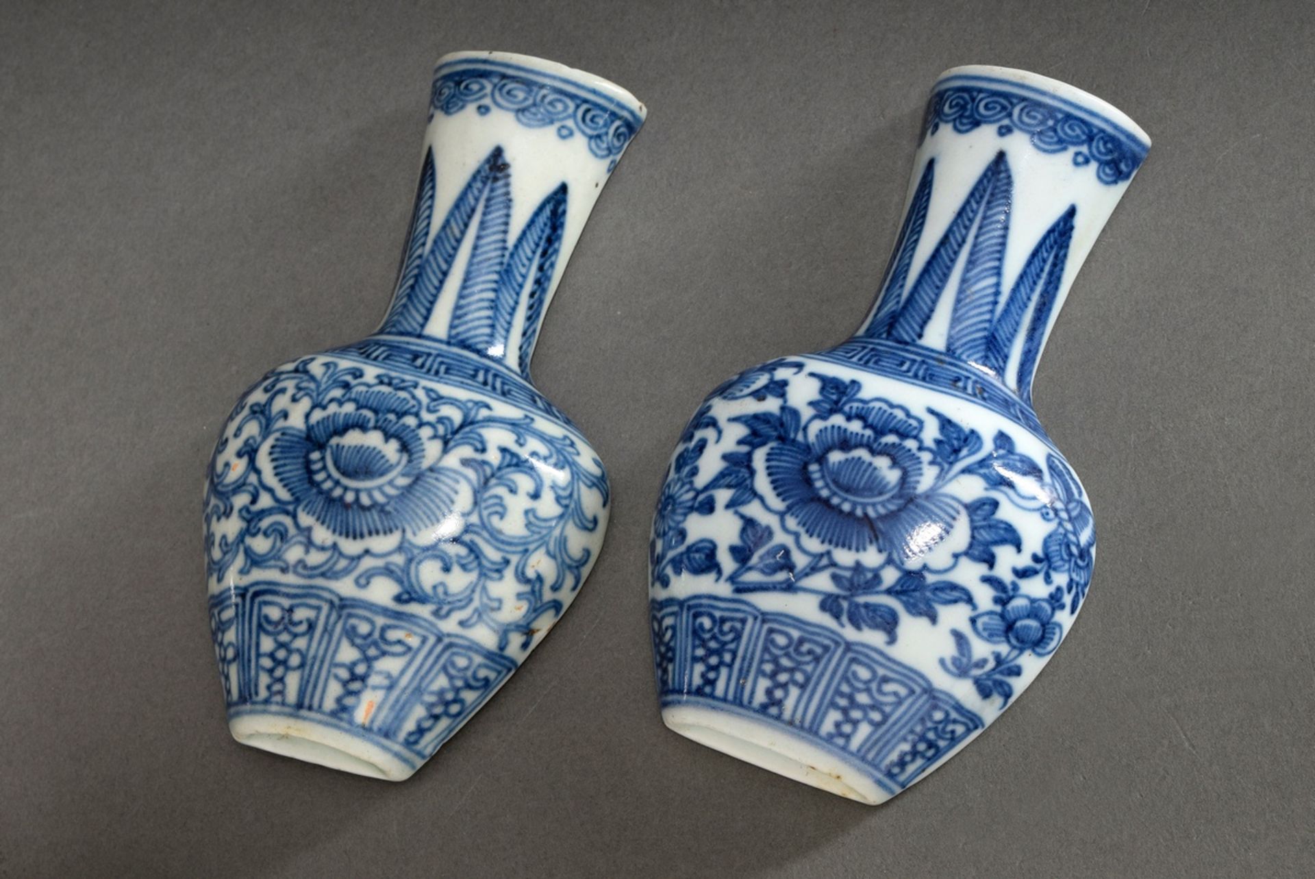 2 Various Chinese porcelain wall vases with blue painting decor "blossoms and tendrils" after Ming 