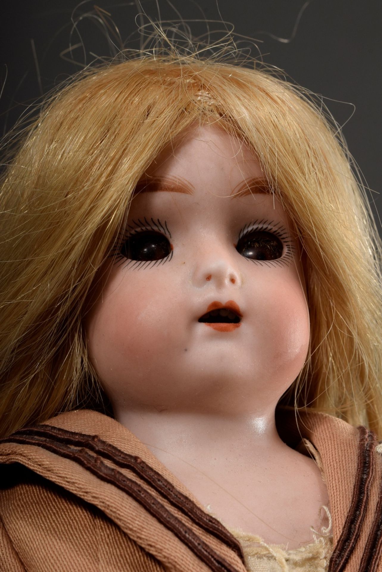 Small doll with porcelain crank head and mass jointed body, ash blond mohair wig, brown glass eyes, - Image 2 of 8