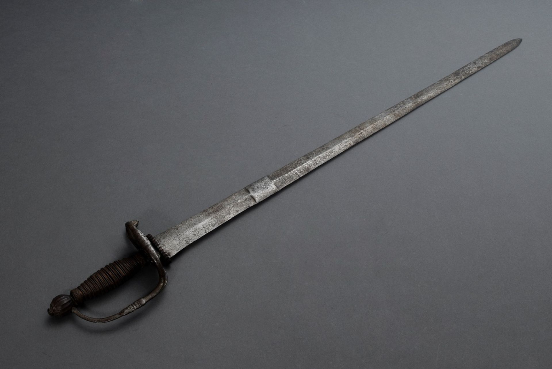 Sword with florally engraved steel blade, signature remains, curved quillons and hand guard as well - Image 5 of 5