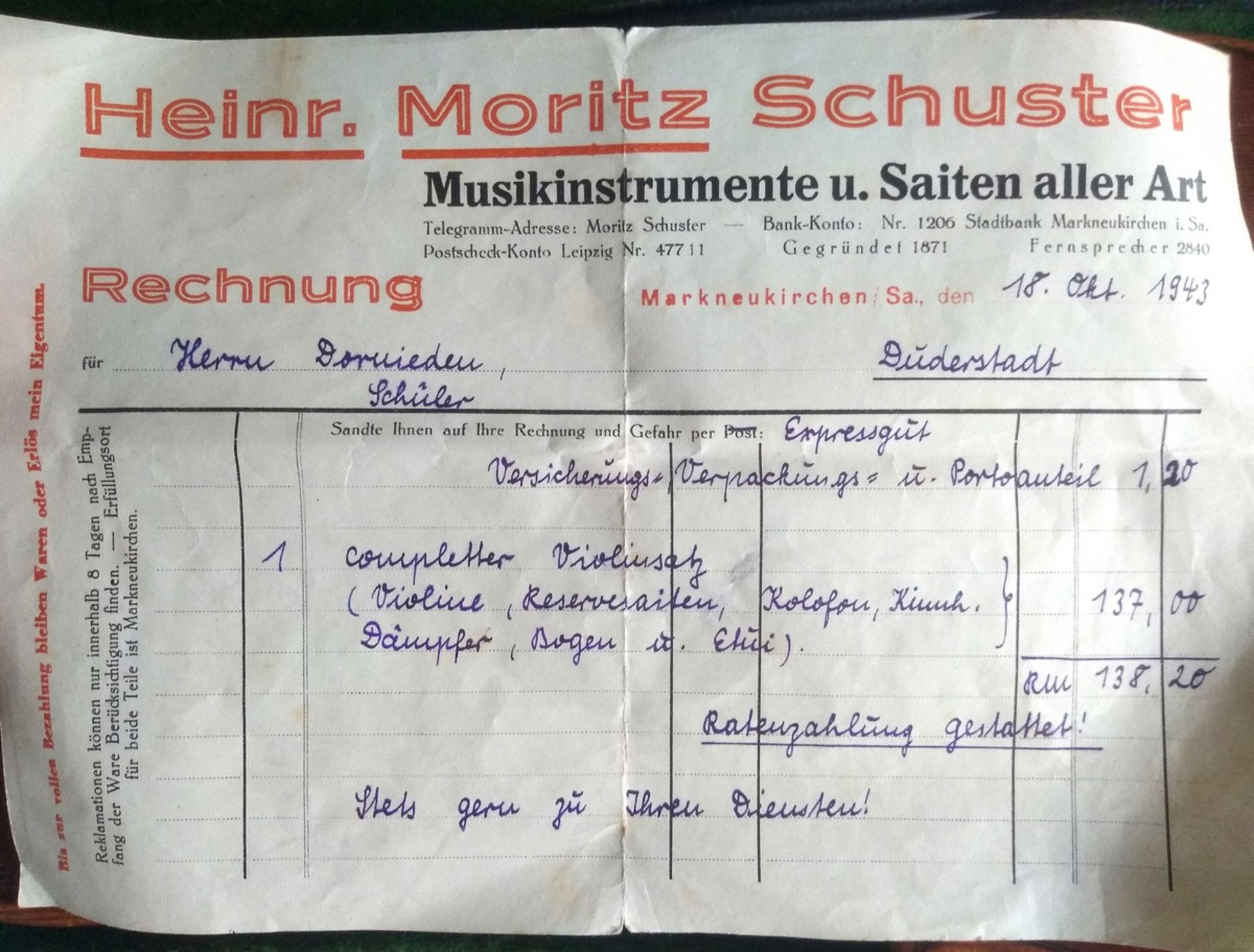 Geige, wohl Heinrich Moritz Schuster, Markneukirchen 1. Hälfte 20. Jhd., mit Koffer und (defektem)  - Bild 19 aus 19