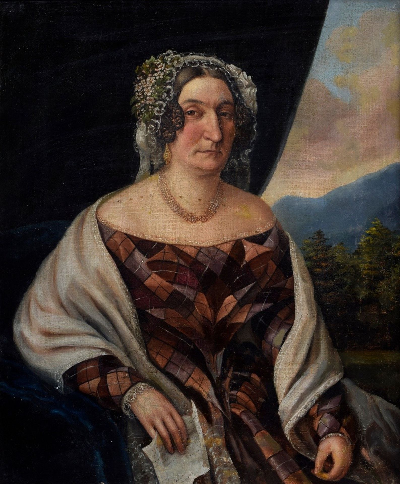 Unknown painter around 1840 "Lady in checkered dress with letter", oil/canvas, doubled, 42,5x35,7cm