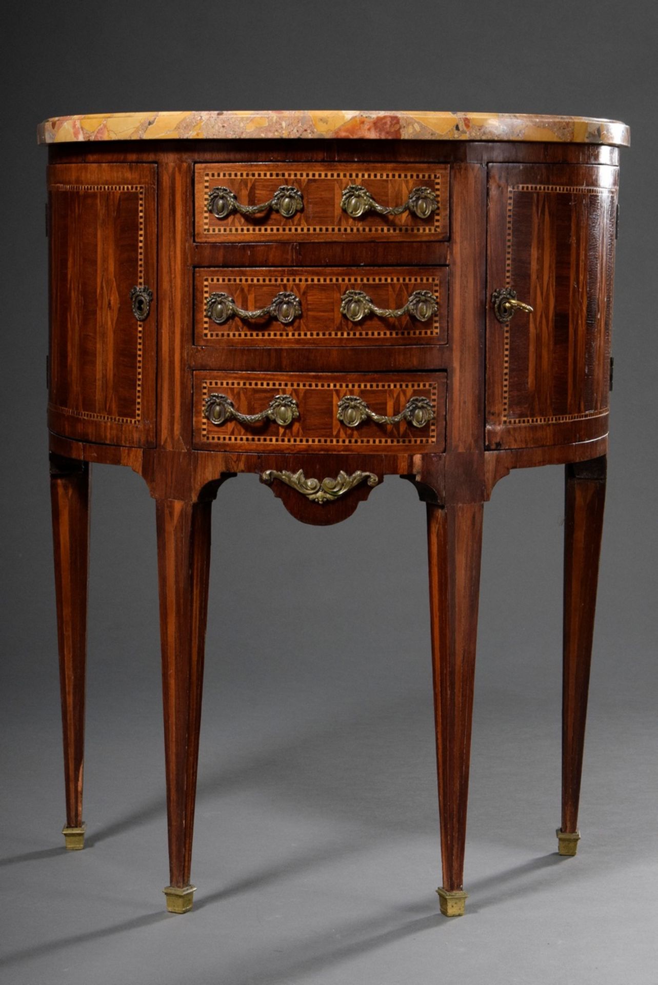 Dainty demi lune console chest with geometric marquetry and marble top in Louis XVI style, end of 1 - Image 2 of 9