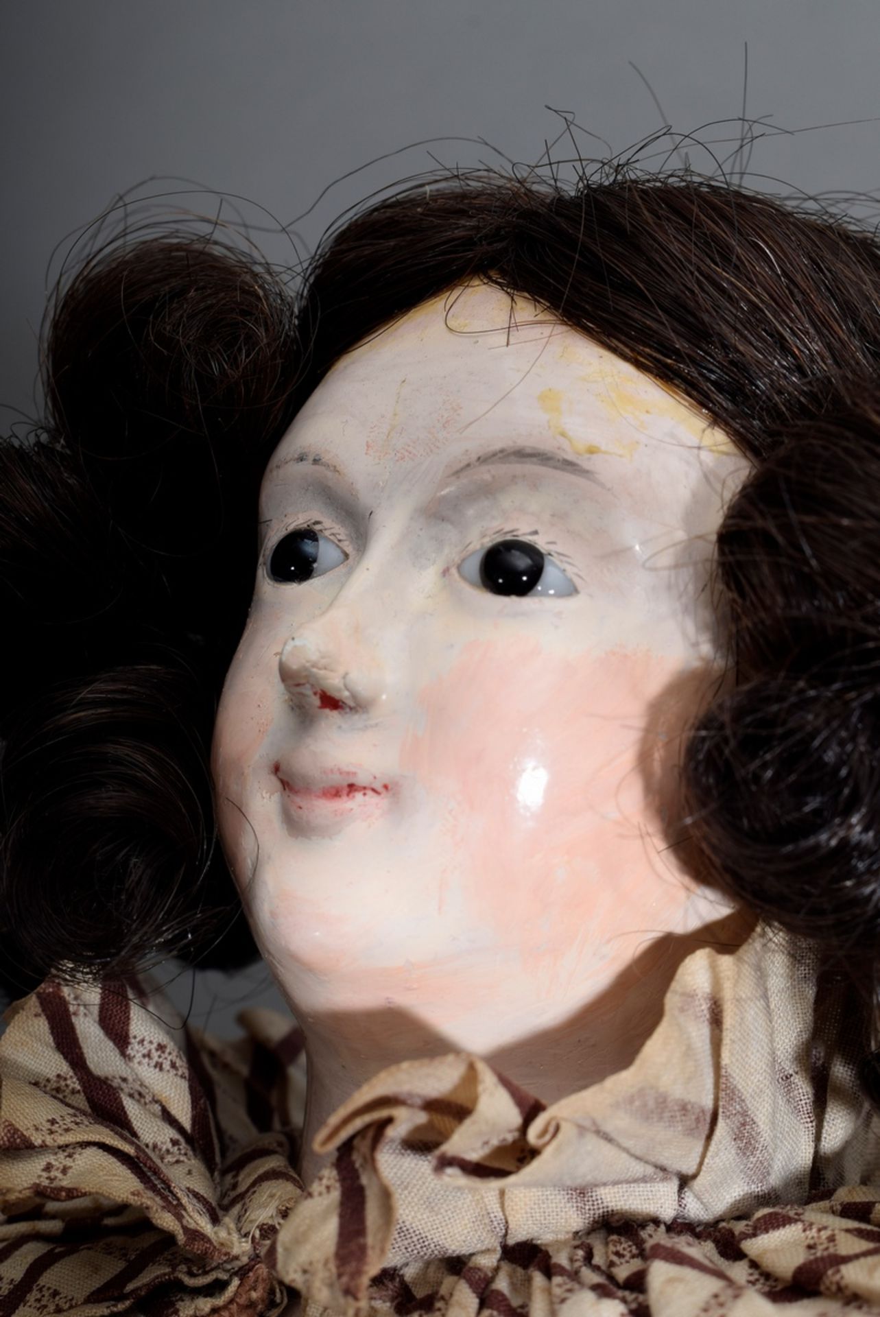 Large Biedermeier doll with mass head and inserted glass eyes, leather body, arms and legs of wood, - Image 11 of 11