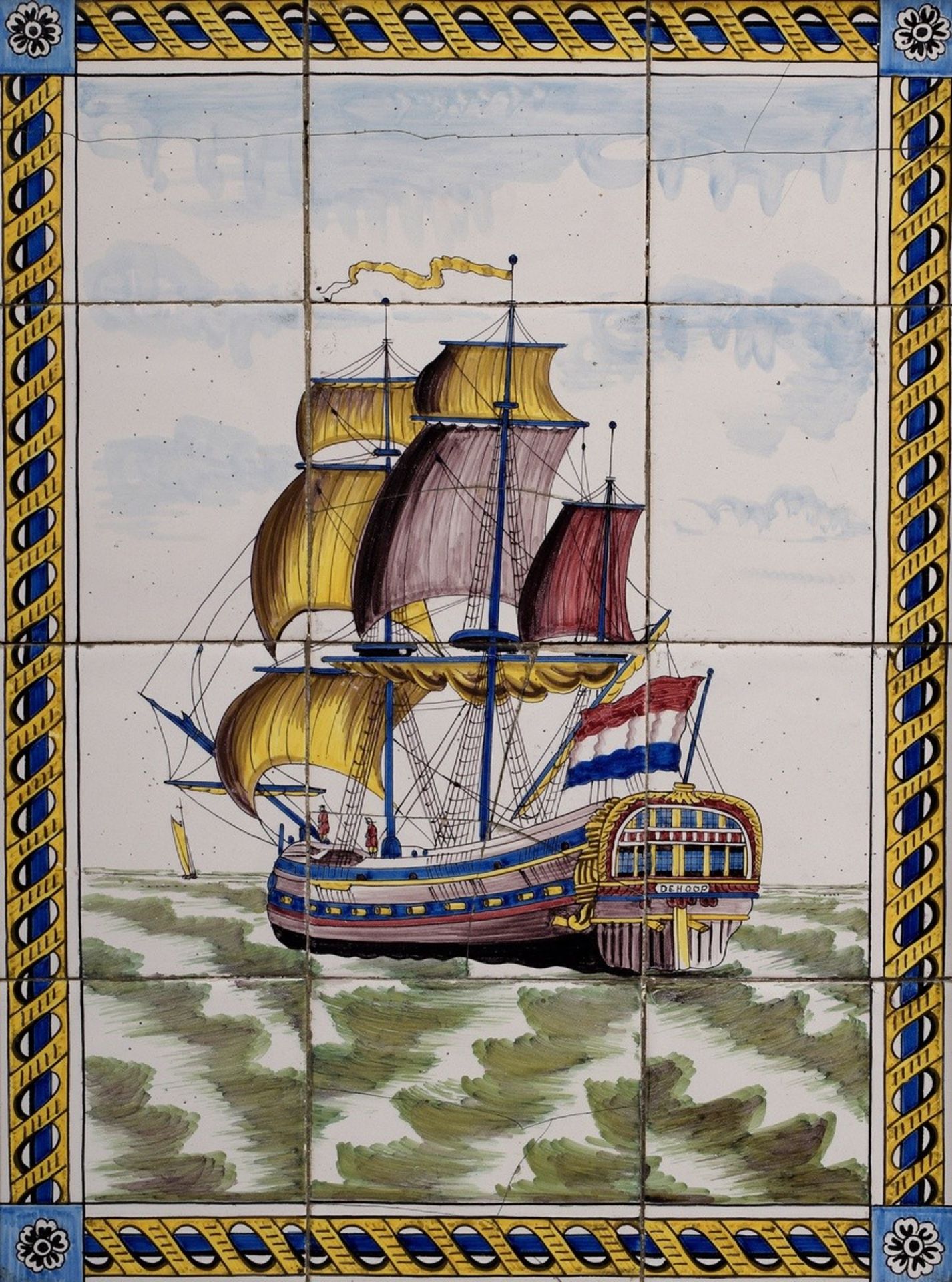 Holländisches Fliesenbild in polychromer Malerei "Zweimaster 'De Hoop'", 19.Jh., 52,3x40,3cm (m.R.  - Bild 2 aus 5