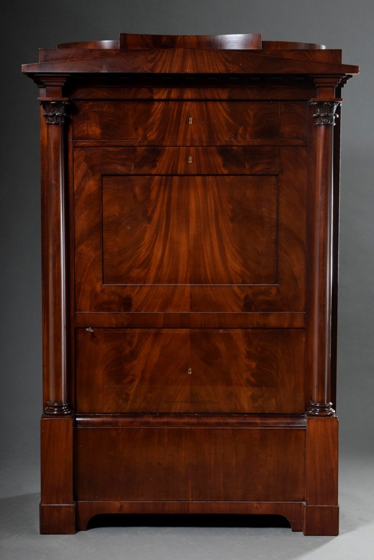 Single-door Biedermeier "Blender" cabinet with pointed gable and lateral solid columns, 19th centur