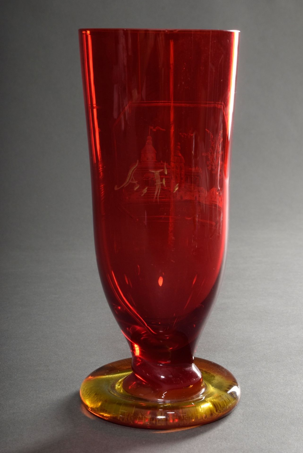 Tall red Biedermeier bath glass with finely cut, gilded view "Bad Doberan" and monogram "A.F" on a  - Image 2 of 5