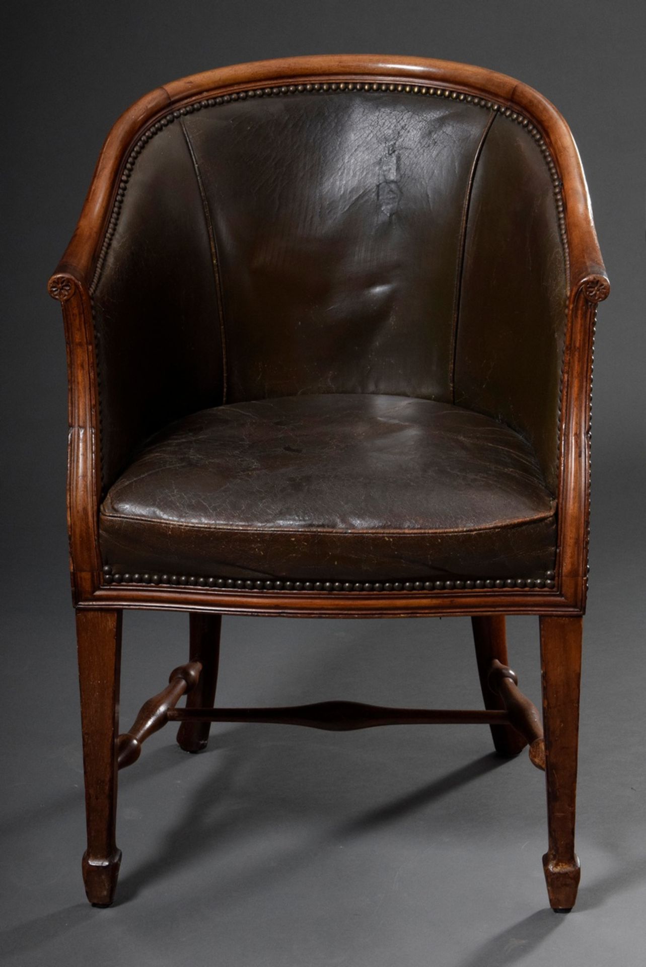 English "Tub Chair" with finely carved mahogany frame and original green leather upholstery, Englan - Image 2 of 3