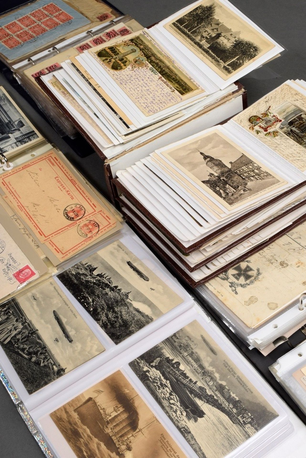 5 Diverse Alben alte Postkarten, Briefe und Umschläge: Ansichten, Historische Persönlichkeiten, Pro