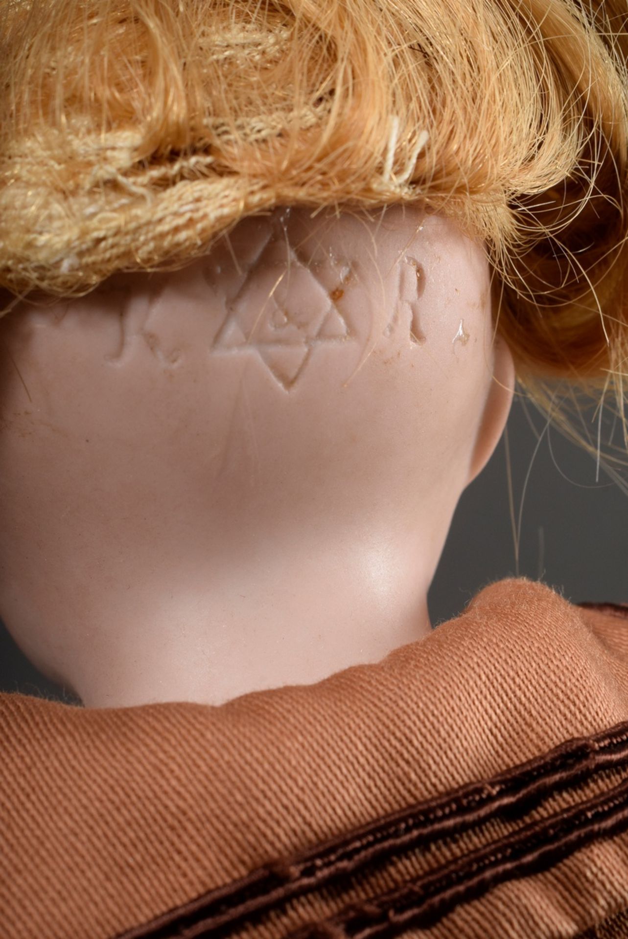 Small doll with porcelain crank head and mass jointed body, ash blond mohair wig, brown glass eyes, - Image 5 of 8