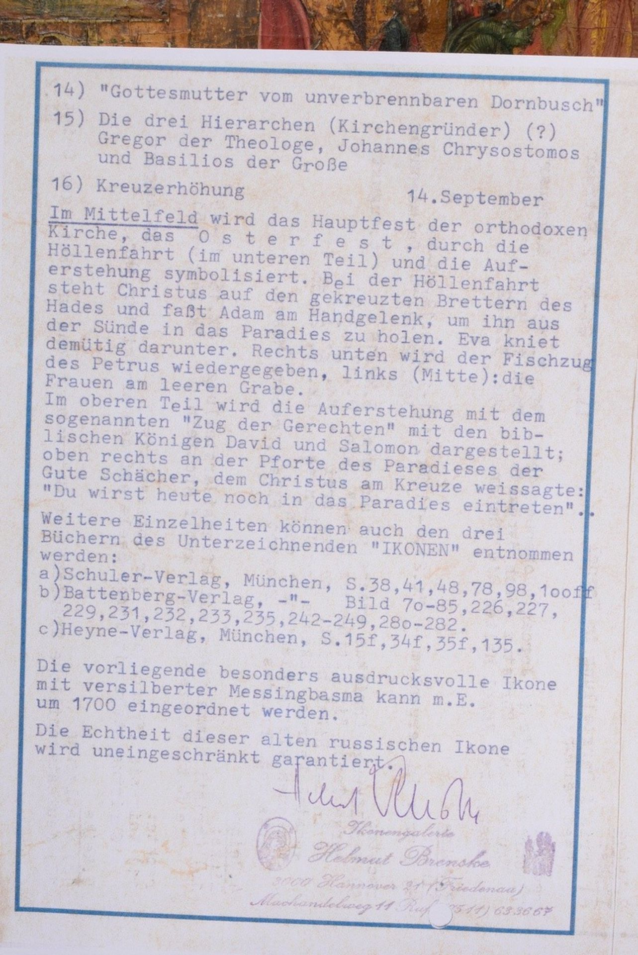 Große russische Ikone "Festtage der Orthodoxie" um 1700, Eitempera auf Holz, mit getriebener versil - Bild 12 aus 13