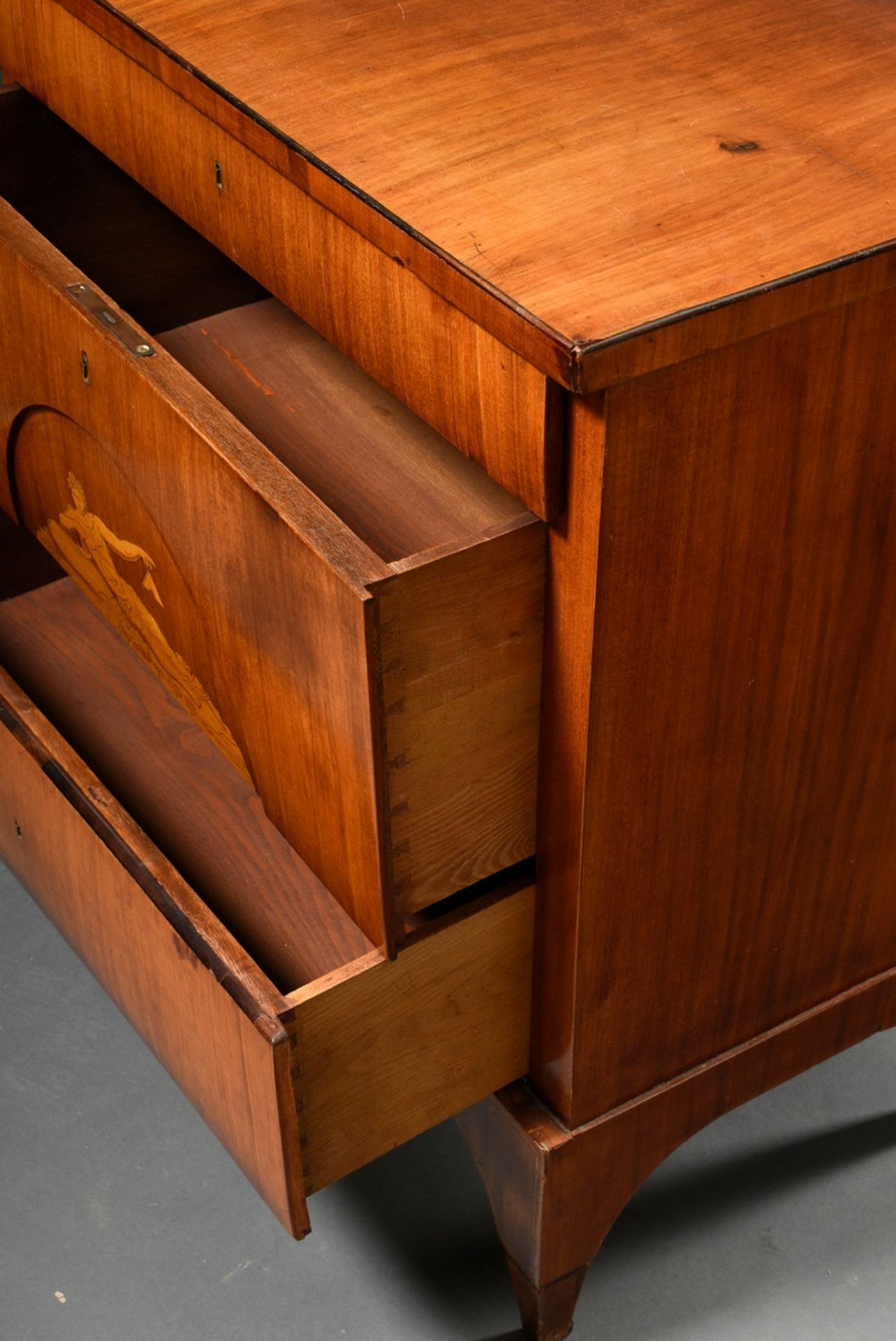 Danish Biedermeier chest of drawers with mythological inlay in segmental arch, upper drawer with mu - Image 7 of 8