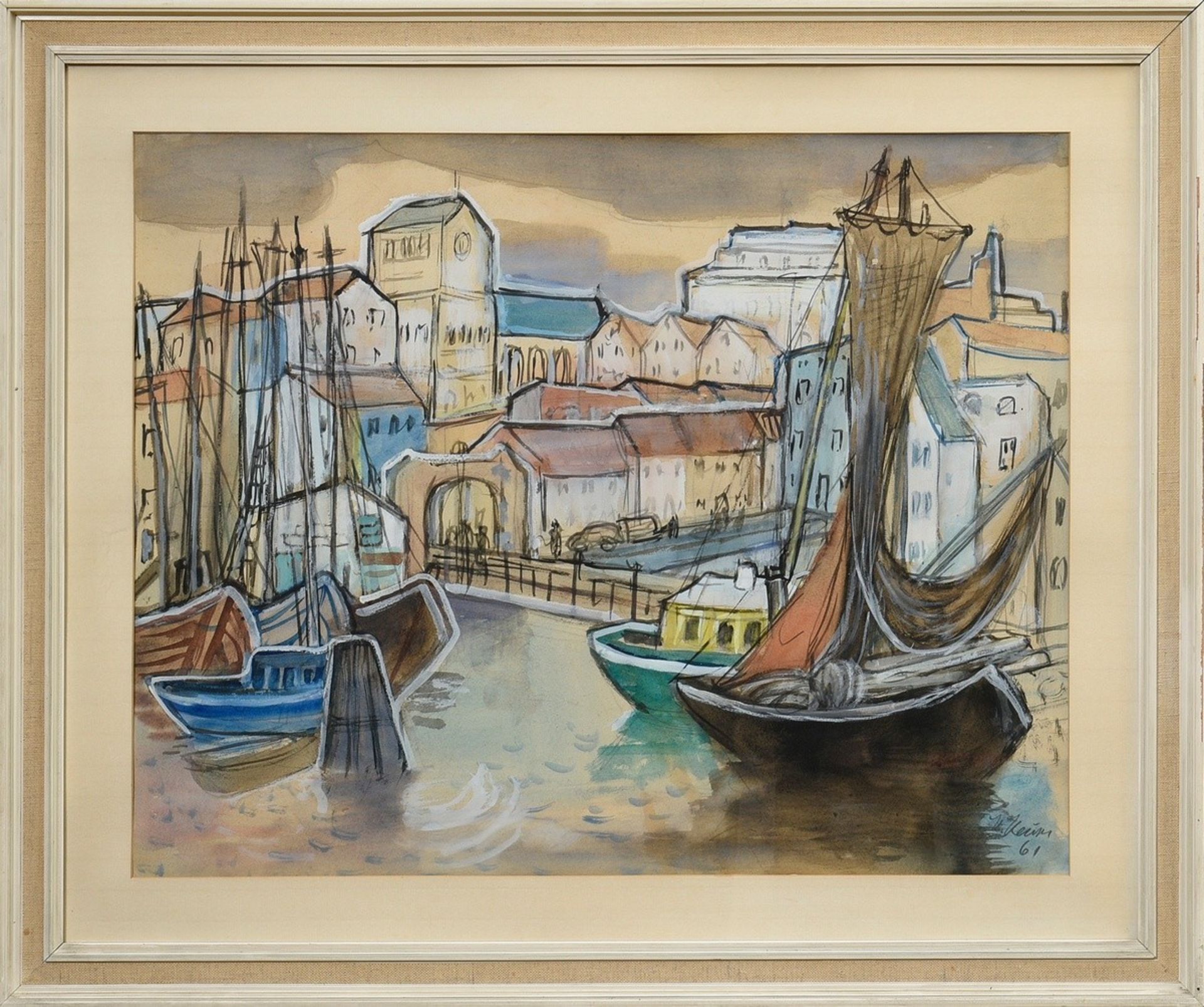 Heuser, Heinrich (1887-1967) "Harbour" 1961, pencil/watercolor/gouache, b.r. sign./dat., 57,5x72,8c - Image 2 of 3