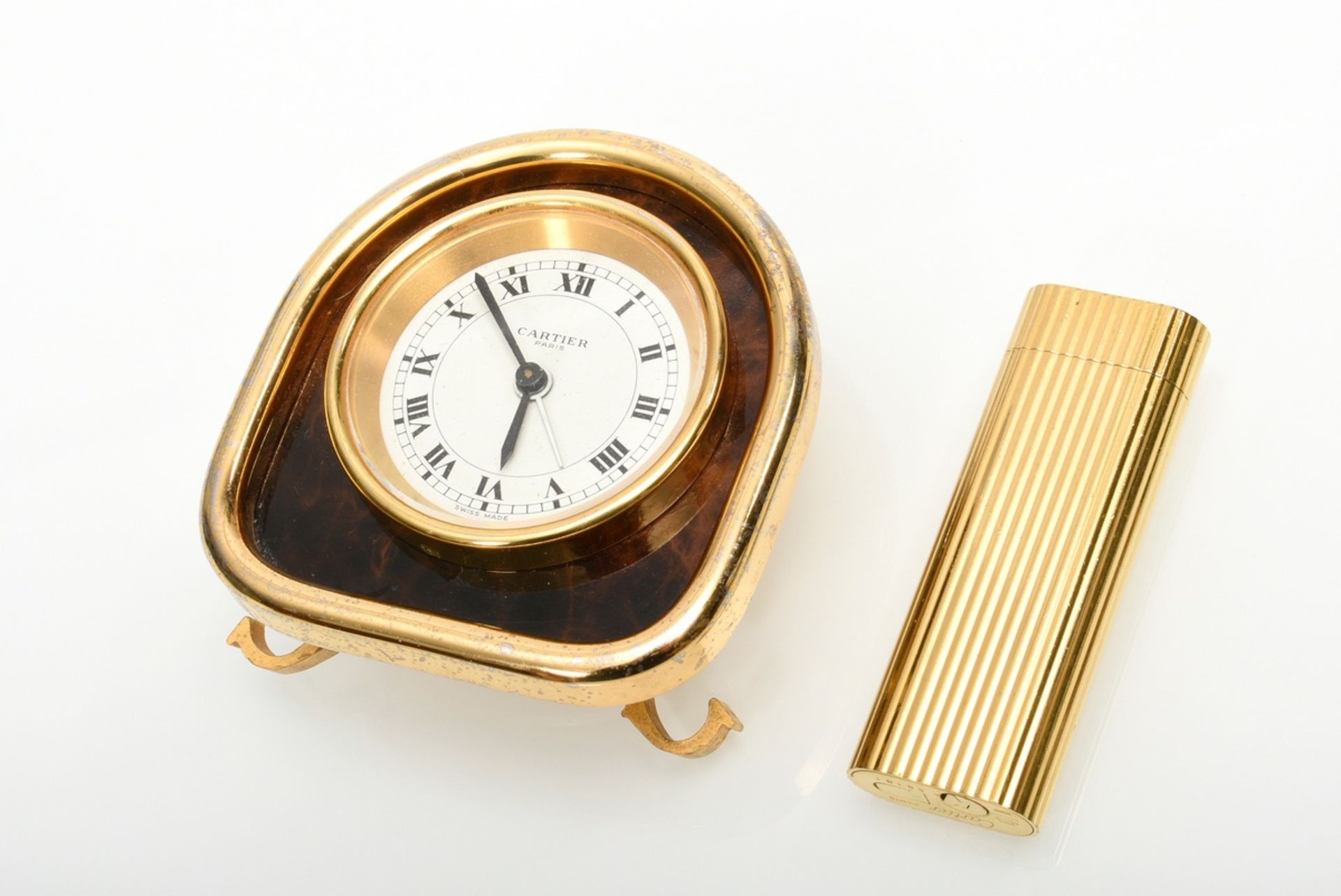 2 Various pieces Cartier: travel alarm clock with mechanical movement, brown surround, reference no - Image 2 of 5