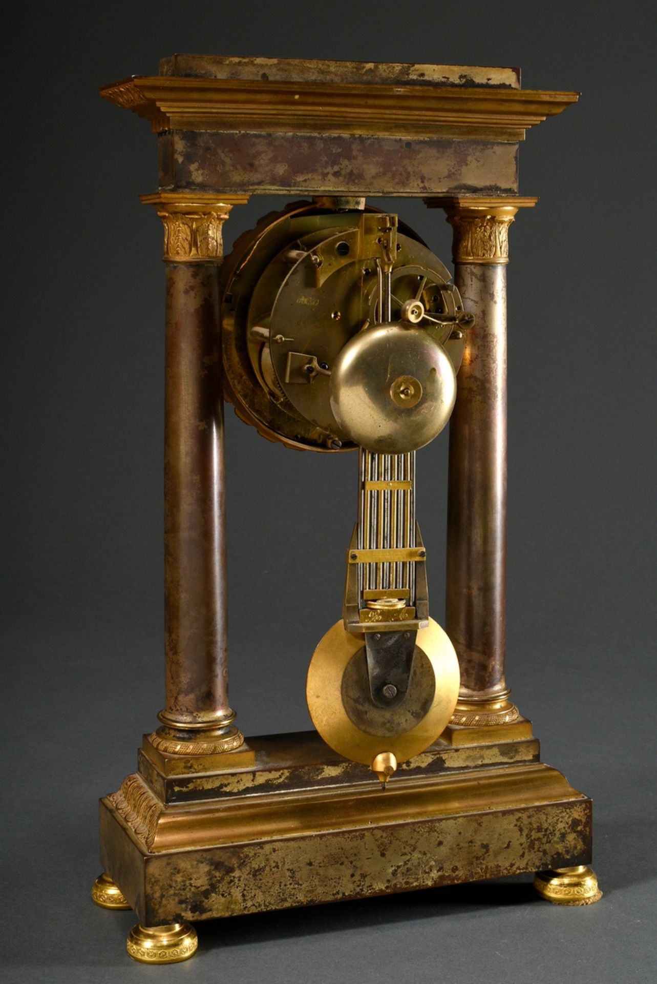 Biedermeier portal clock with patinated and fire-gilt case, floral relief dial with Roman numerals, - Image 6 of 9