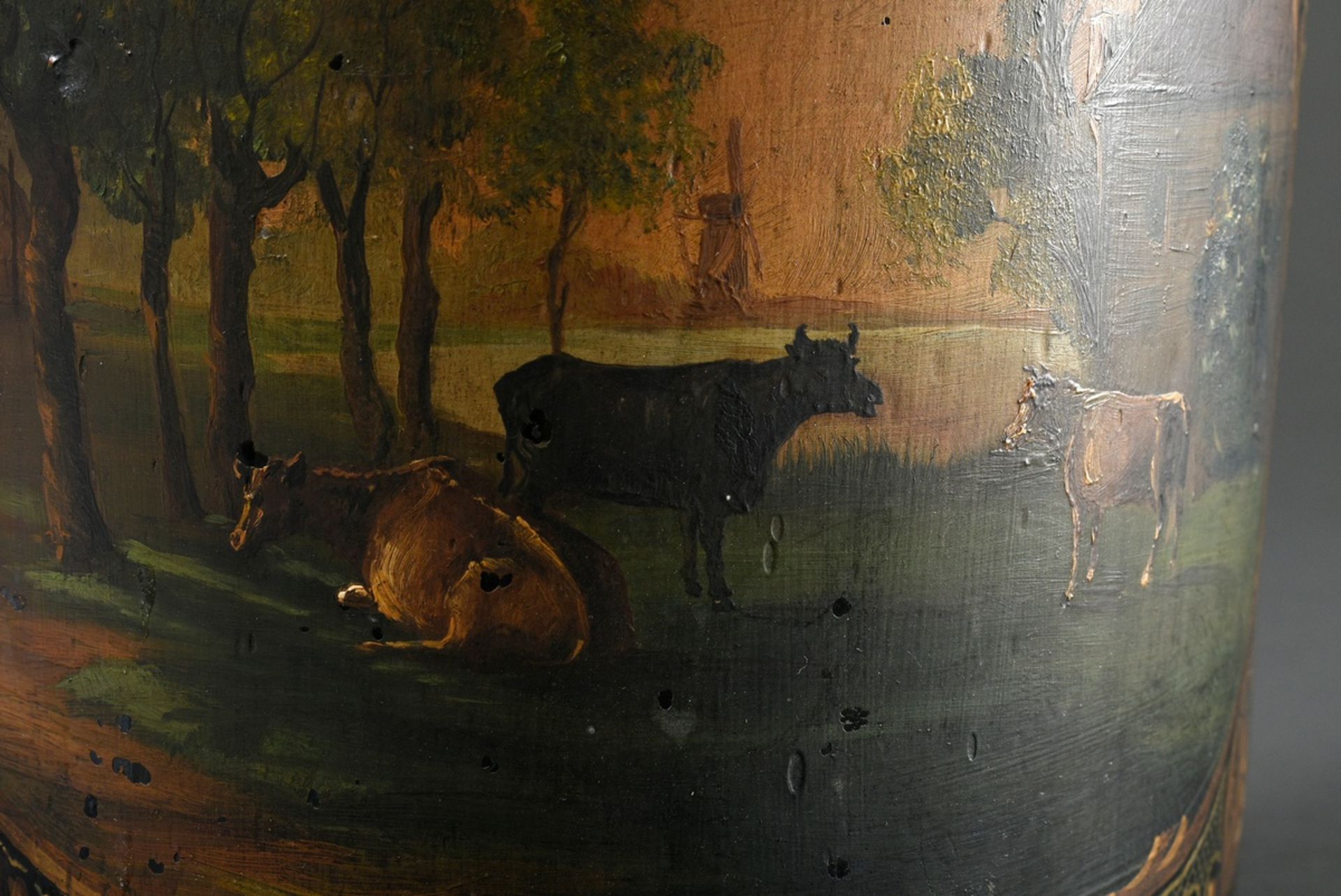 Large forest glass bottle with polychrome painting "Rural scene with cows" in ornamental cartouche  - Image 7 of 7