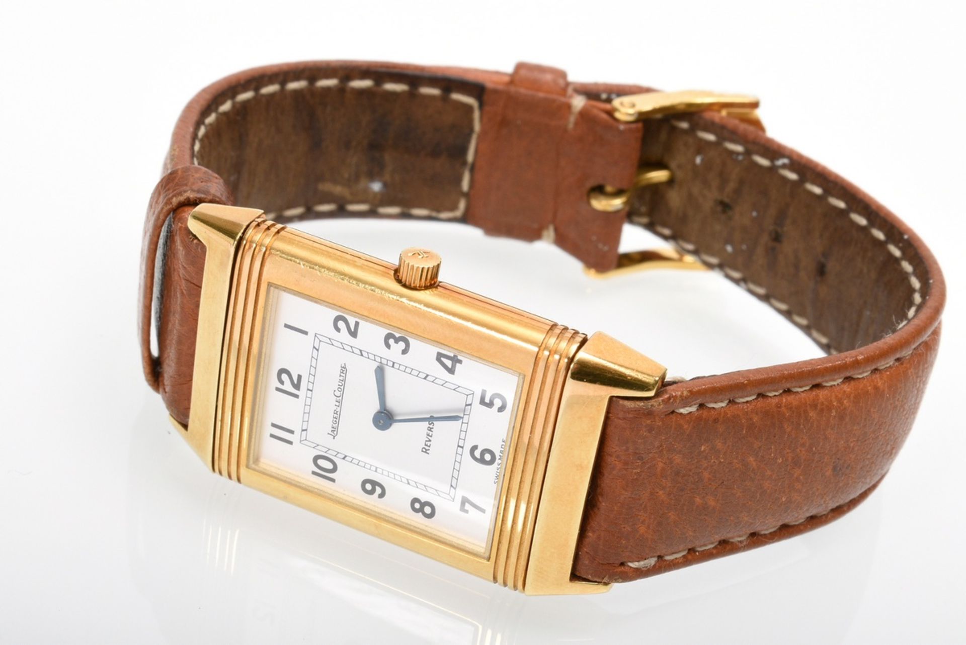 Jaeger LeCoultre Reverso Classique Gelbgold 750 Armbanduhr, Quarzwerk, Wendegehäuse mit verso gravi