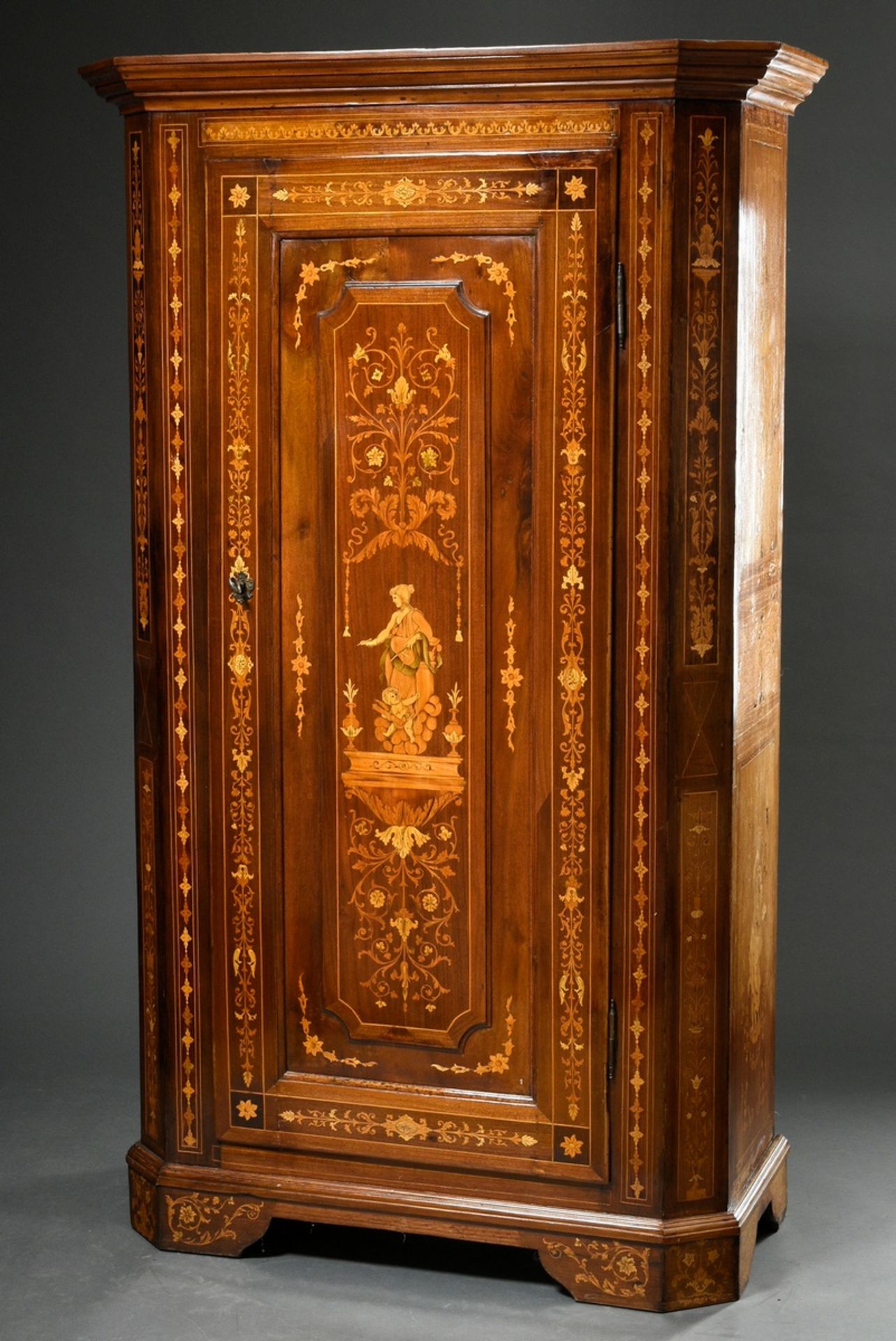 Splendid single-door cabinet with detailed inlays "Allegorical female figures" in classicistic orna