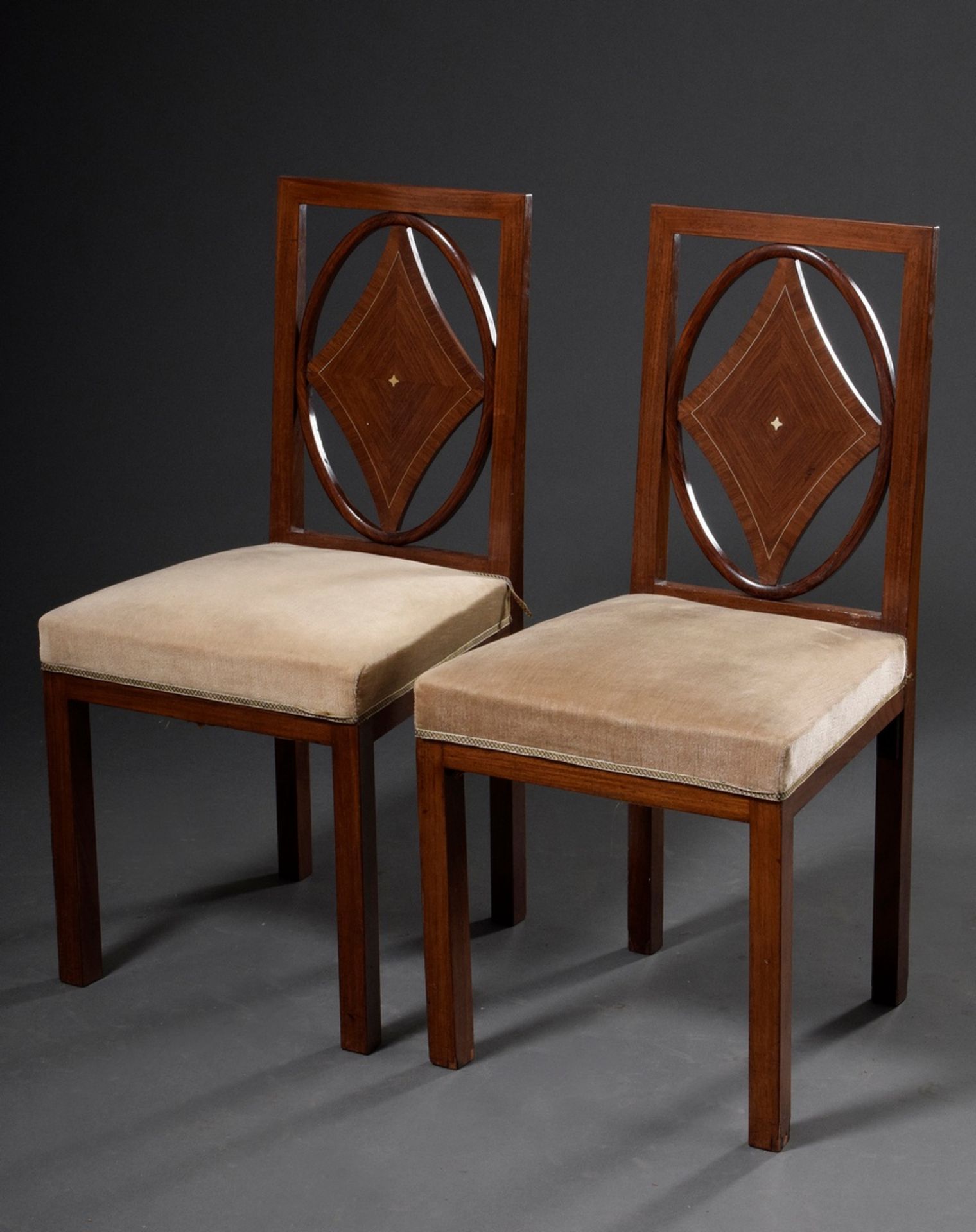 2 Art Deco chairs with oval framing and diamond motif in the backrest, Bruno Paul circle, rosewood 