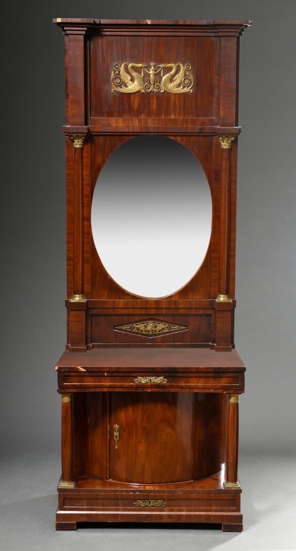 Empire mirror console with bronze "Swan" fittings, consisting of: semi-cylindrical console cabinet 
