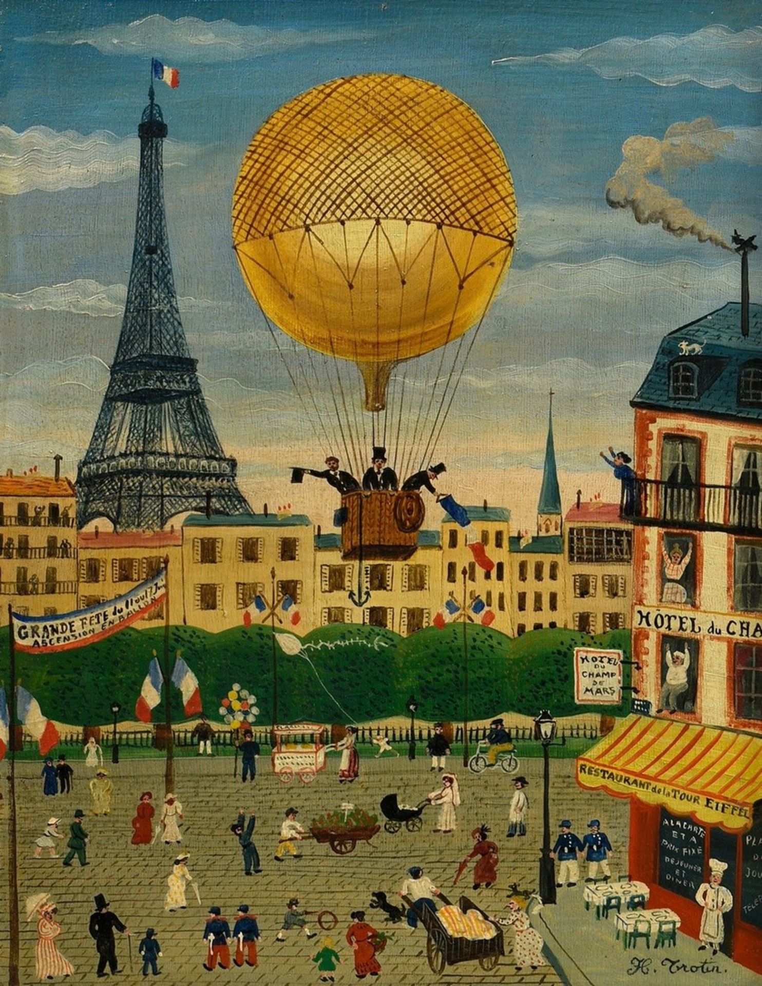 Trotin, Hector (1894-1966) "Balloon over Paris", oil/wood, b.r. sign., verso adhesive label "Kunsth
