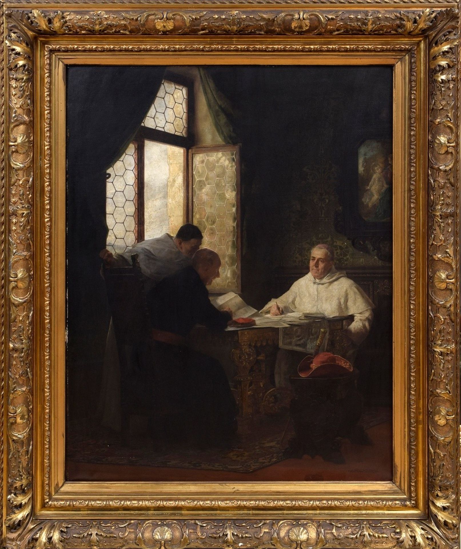 Holmberg, August (1851-1911) "Papal Dispute at the Window", oil/canvas, b.r. sign., magnificent fra - Image 2 of 10