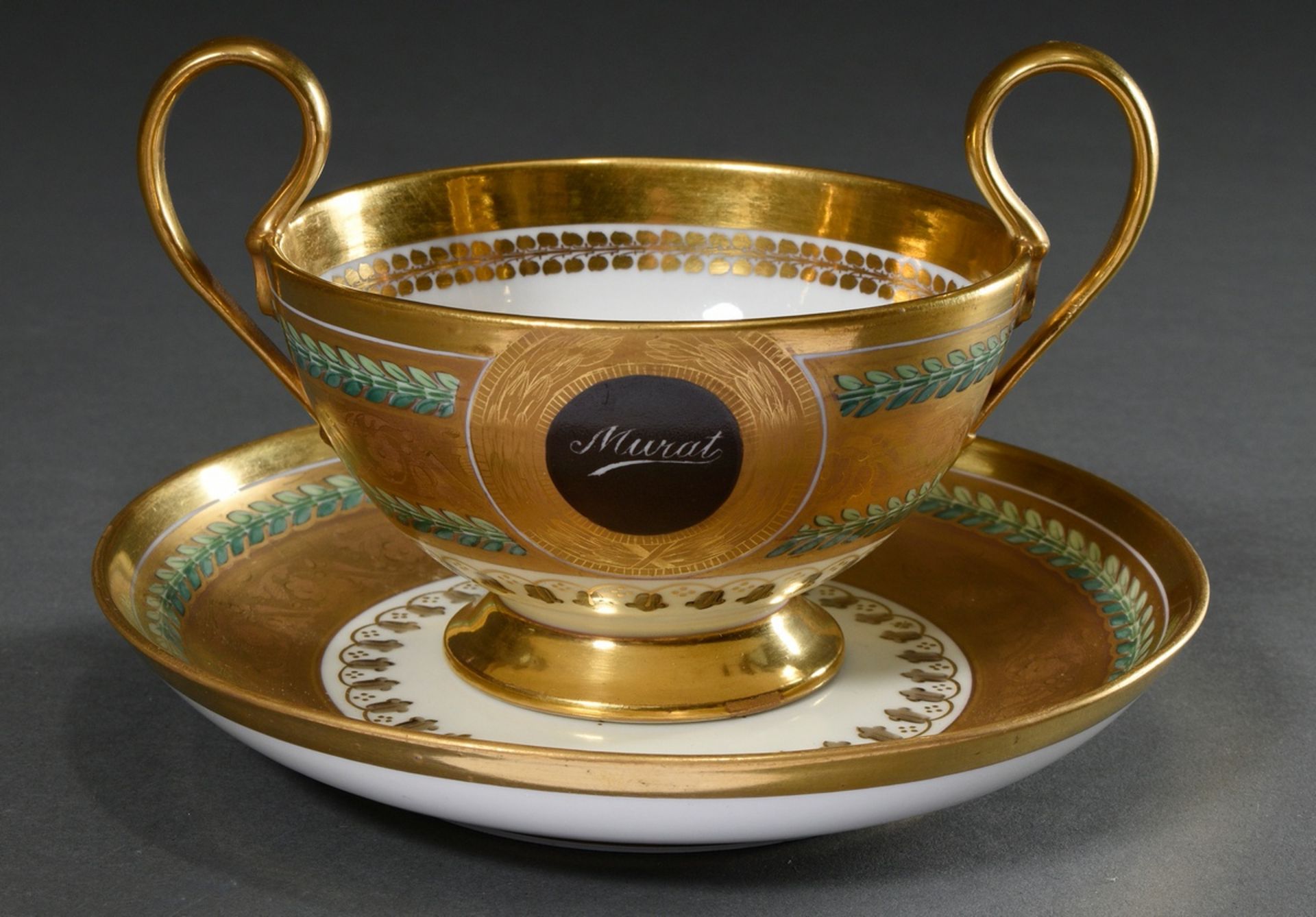 Empire soup cup/saucer "Coupe à bouillon hémisphérique" with raised handles and laurel frieze on a  - Image 5 of 7