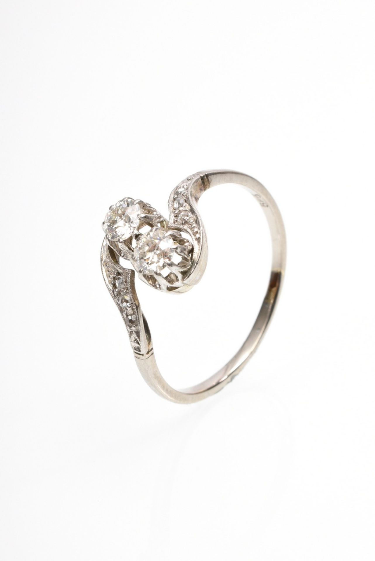Art Deco white gold 585 "Toi et moi" ring with 2 old cut diamonds (together approx. 0.20ct/SI-P1/TC