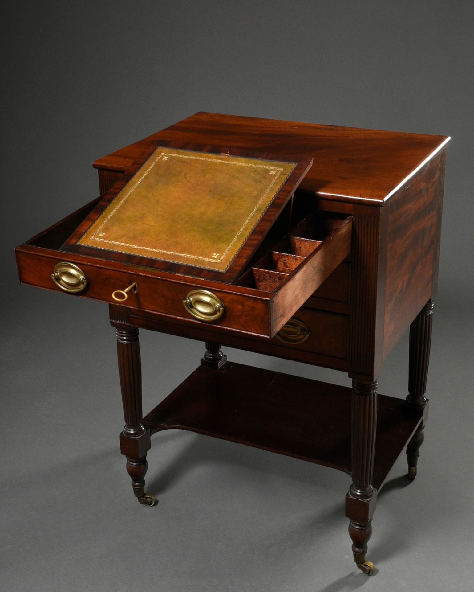 Three-bay occasional furniture on fluted legs with pull-out writing drawer and punched leather top, - Image 4 of 6
