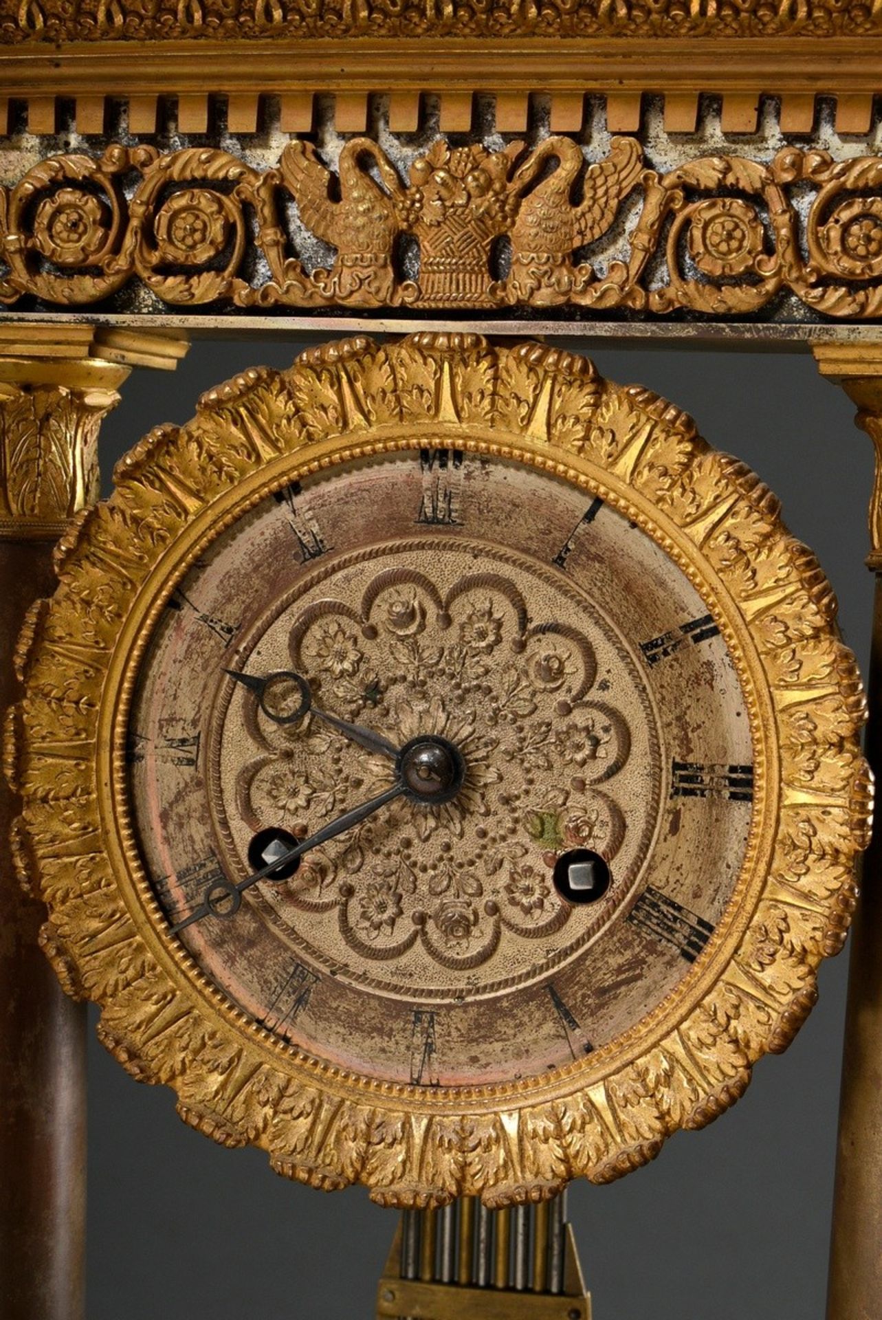 Biedermeier portal clock with patinated and fire-gilt case, floral relief dial with Roman numerals, - Image 3 of 9