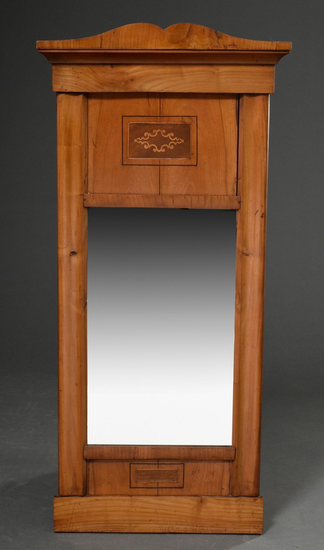 Small Biedermeier mirror with marquetry cartouche, fruitwood veneer, 98x42,5cm, signs of age and us