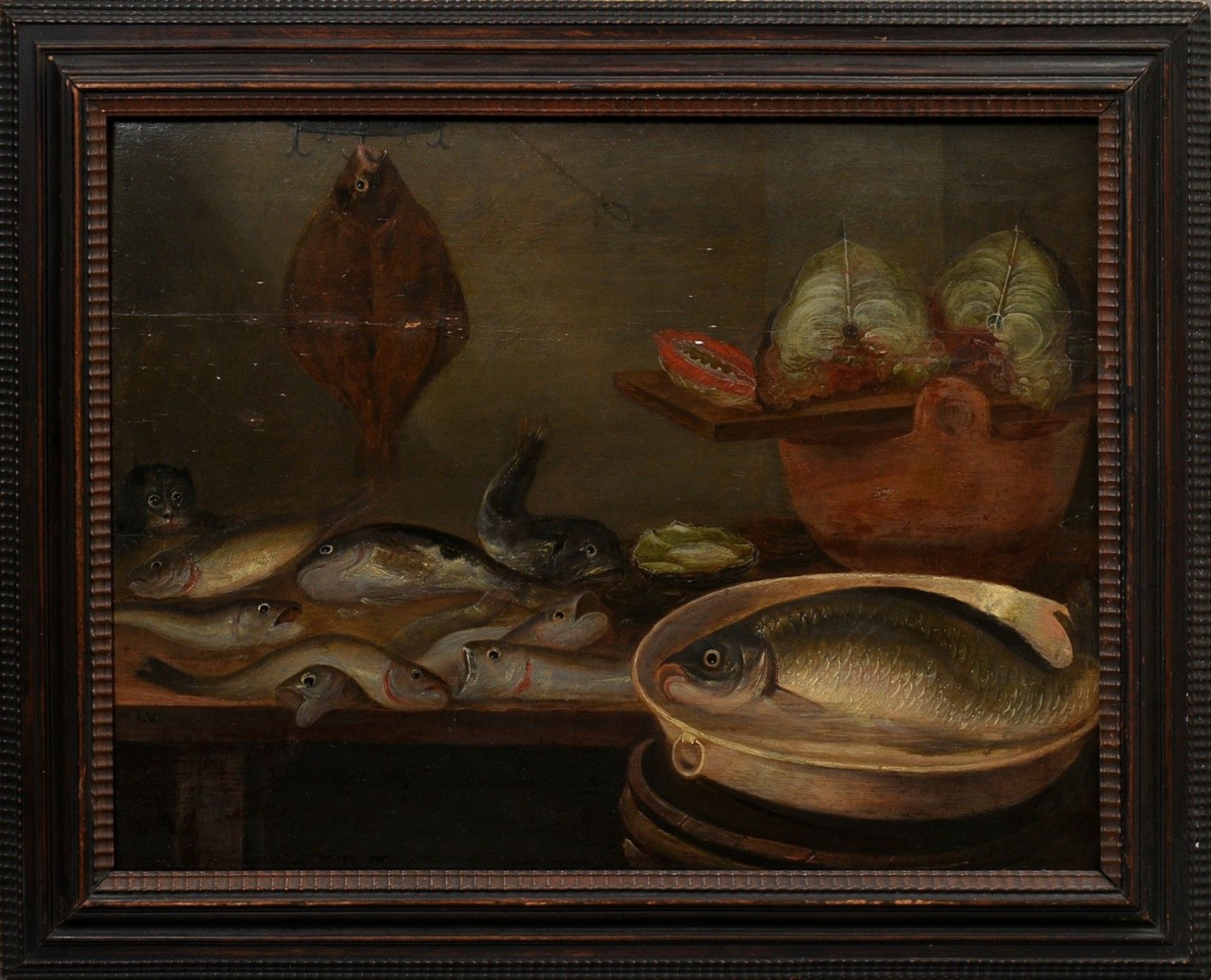 Monogramist F.V.L. (17th c.) "Fish Still Life with Cat", oil/wood, in the manner of Pieter van Bouc - Image 2 of 7