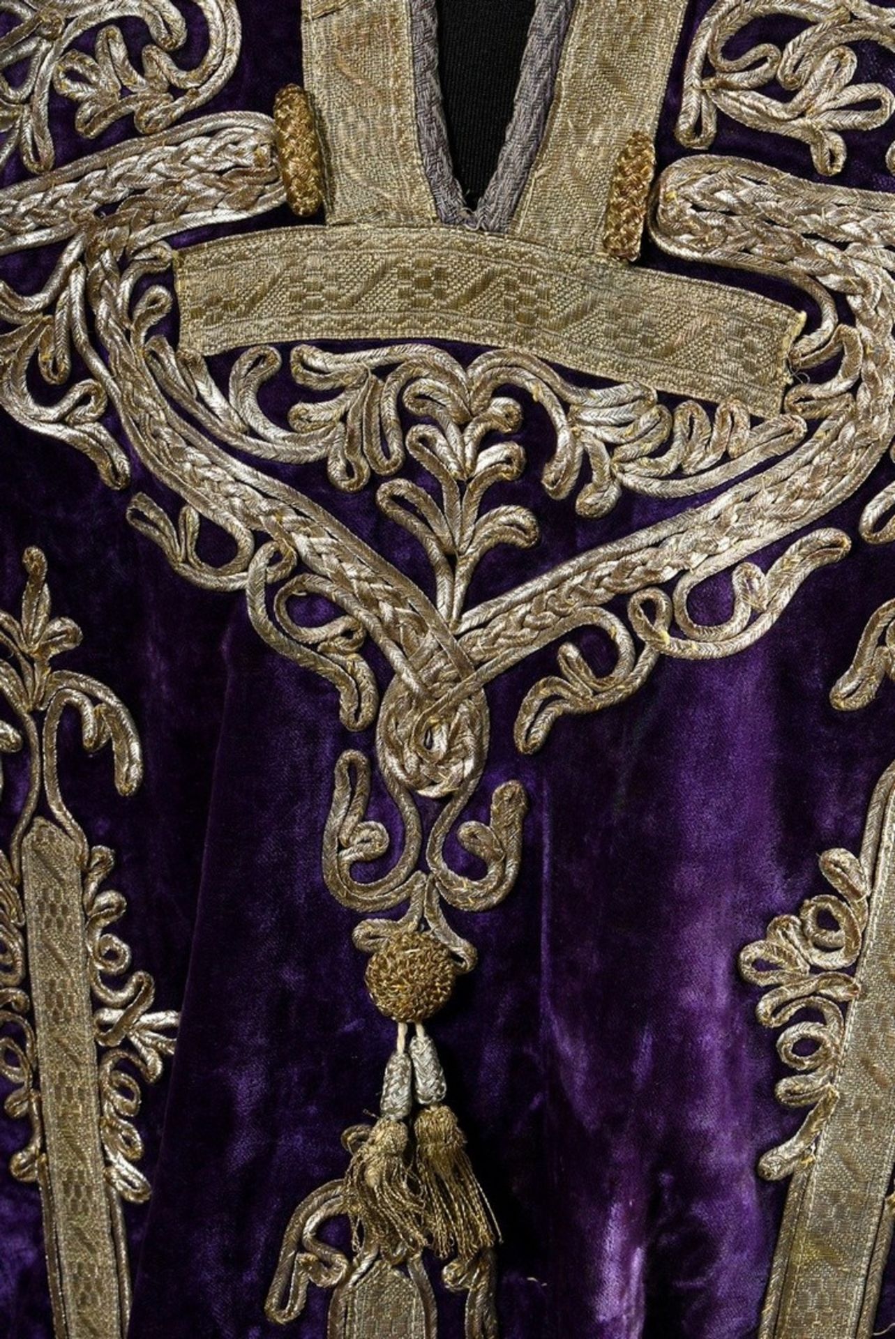 An Afghan wedding garment, purple silk velvet with rich silver thread and trimmings embroidery and  - Image 3 of 8