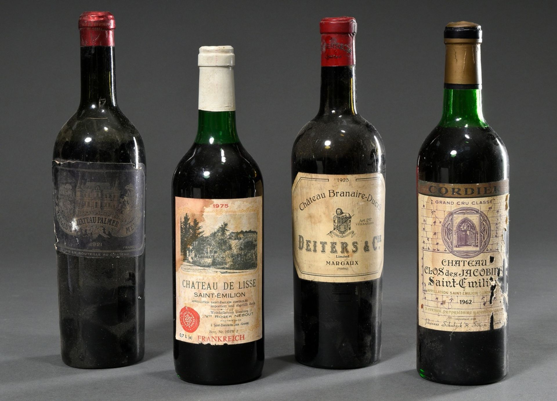 4 Diverse Flaschen Bordeaux und Margaux Rotwein: 1975 "Chateau de Lisse"; 1962 "Clos des Jacobins",