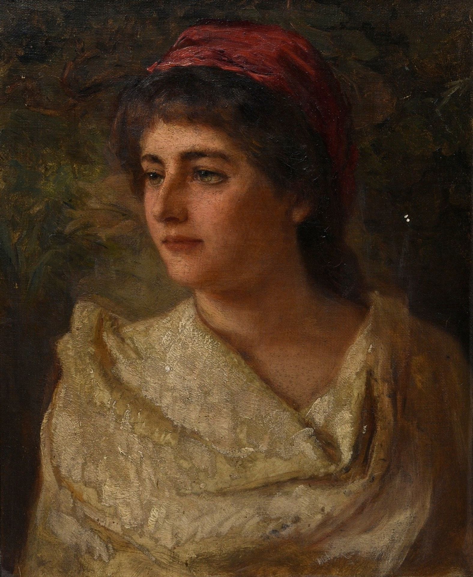 Unknown artist c. 1890 "Young woman with red headscarf", oil/canvas mounted on cardboard, magnifice