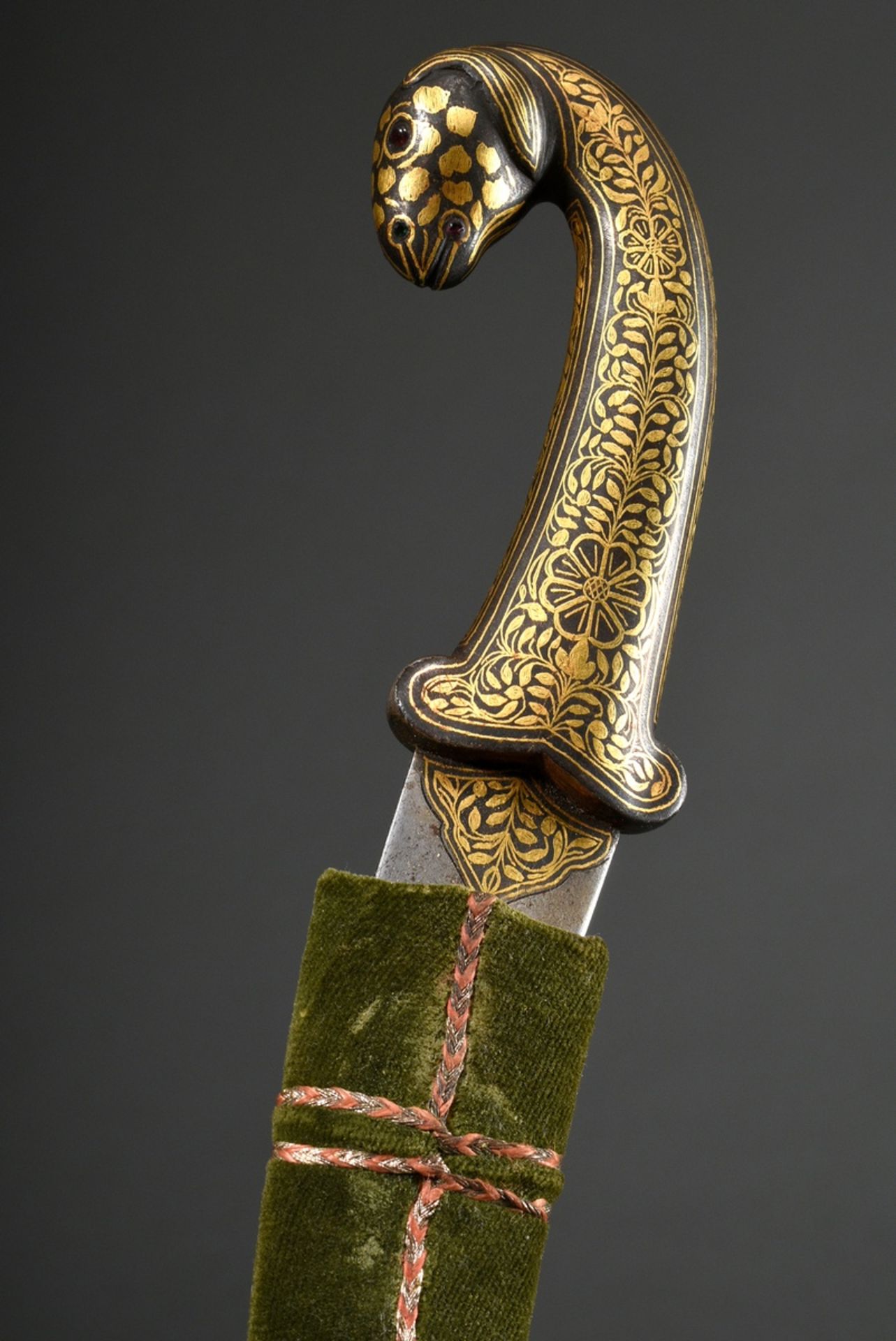 Indian "Khanjar" dagger with sculpted "sheep's head" handle end, inlaid with glass cabochons, handl