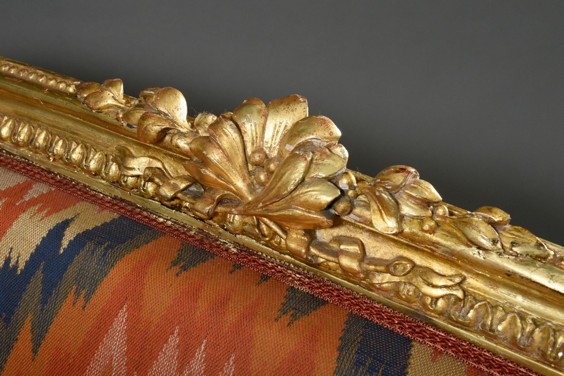 Louis XVI style sofa with leaf-gilded carved frame and opulent upholstery fabric in ikat look, arou - Image 5 of 6