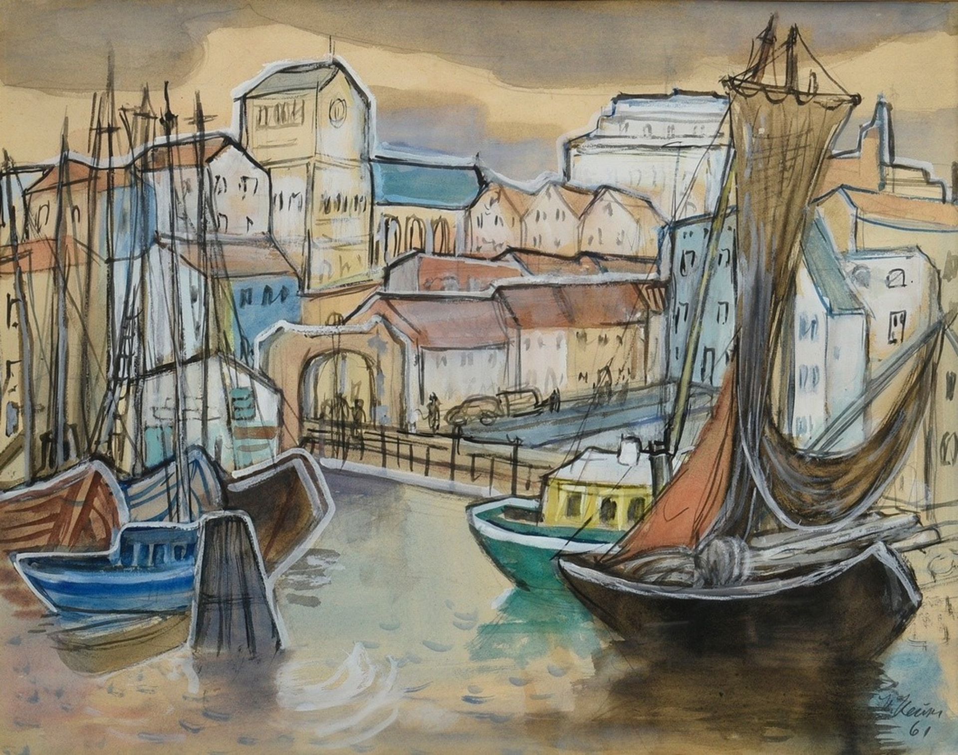 Heuser, Heinrich (1887-1967) "Harbour" 1961, pencil/watercolor/gouache, b.r. sign./dat., 57,5x72,8c