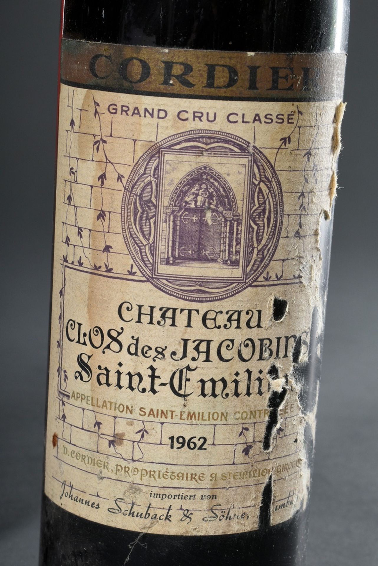 4 Diverse Flaschen Bordeaux und Margaux Rotwein: 1975 "Chateau de Lisse"; 1962 "Clos des Jacobins", - Bild 5 aus 6