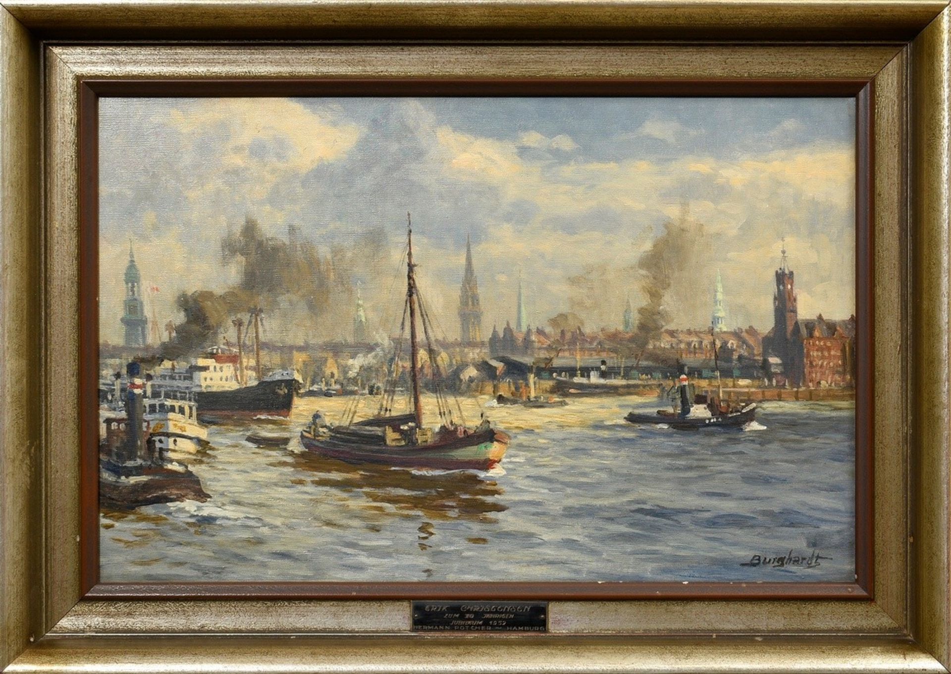 Burghardt, Gustav Paul (1875-1955) "Hamburg harbor with ship traffic and skyline", oil/canvas, b.r. - Image 2 of 5