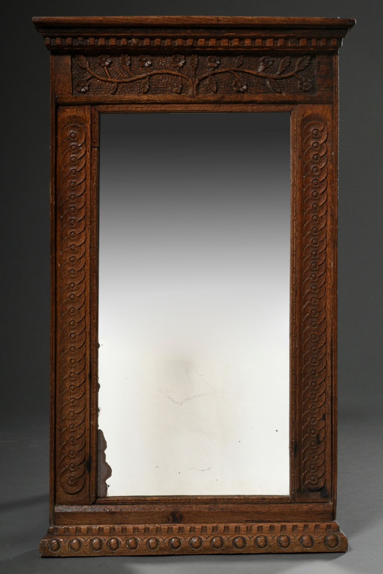 Rustic console mirror in ornamental and vegetal carved oak frame, old mirror glass, 88x53cm, small 